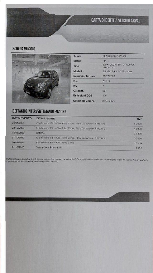 FIAT 500X 1.3 MultiJet 95 CV Business Az. Italia 70.000 Km