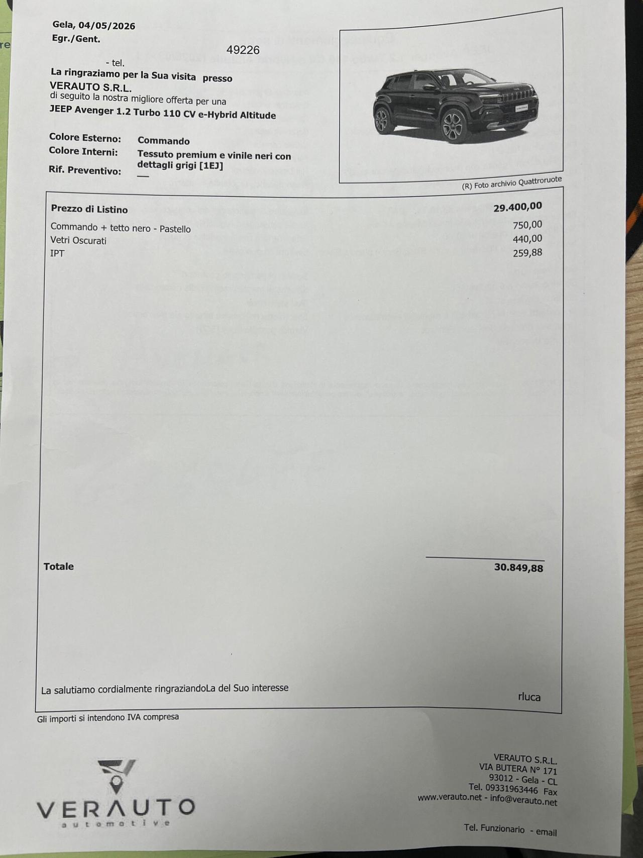 Jeep Avenger 1.2 Turbo 110 CV MHEV Altitude - possibilità noleggio no scoring