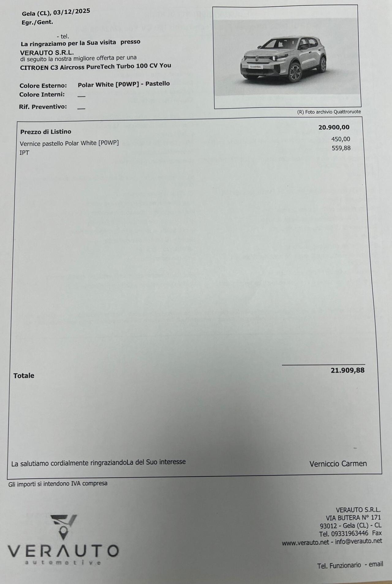 Citroen C3 Aircross 1.2 turbo 100cv Possibilità noleggio no scoring