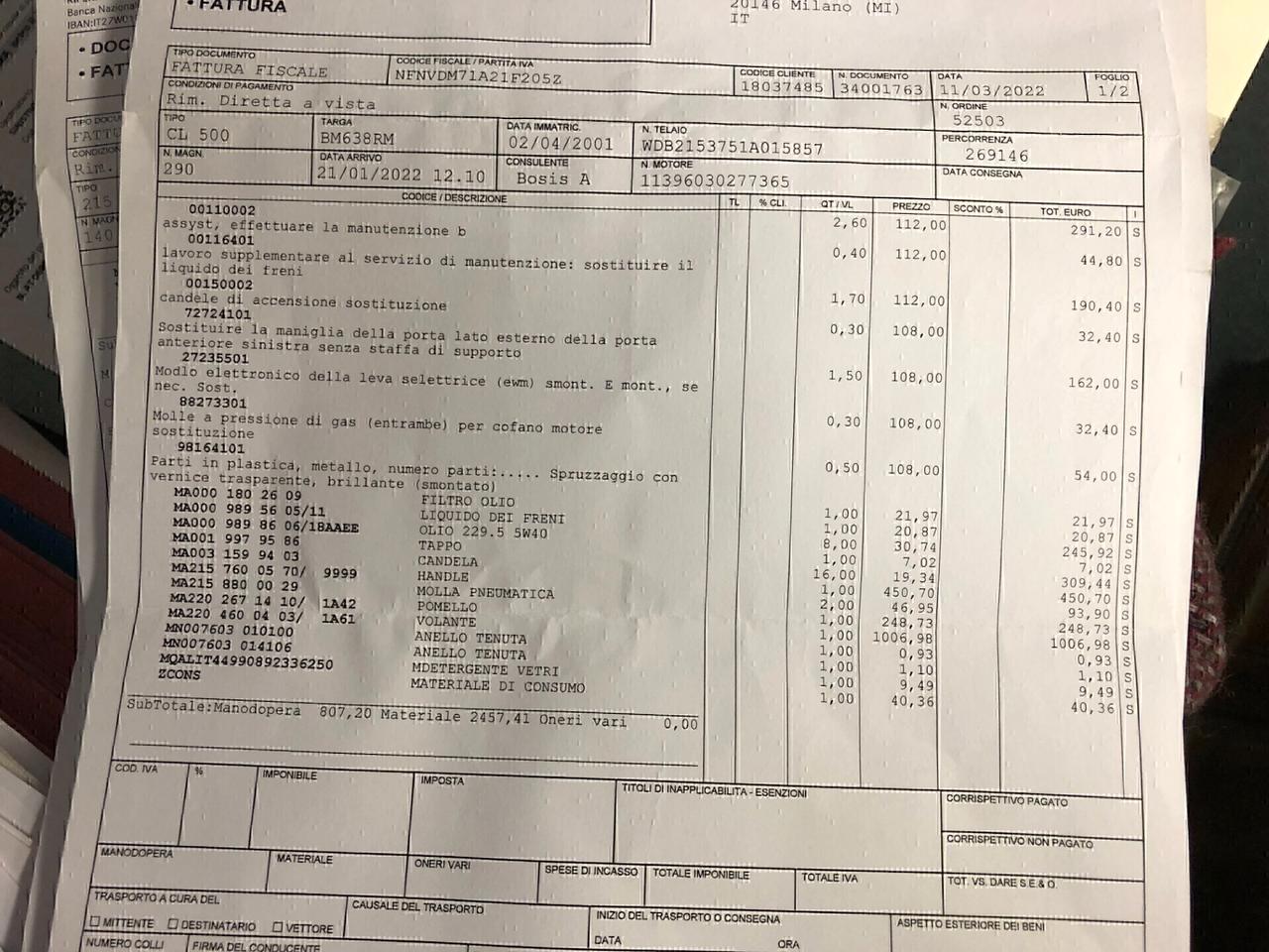 Mercedes-benz CL 500 cat fatture tagliandi mercedes