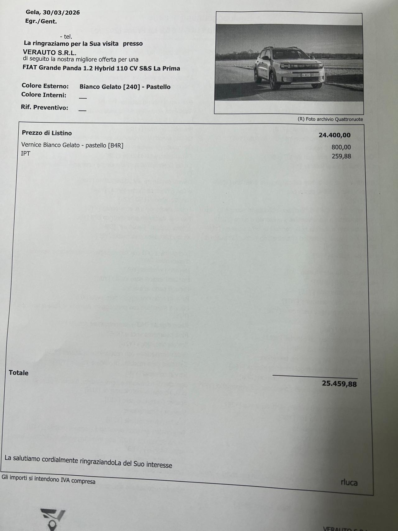 Fiat Grande Panda 1.2 Hybrid 110 CV La Prima possibilità noleggio no scoring