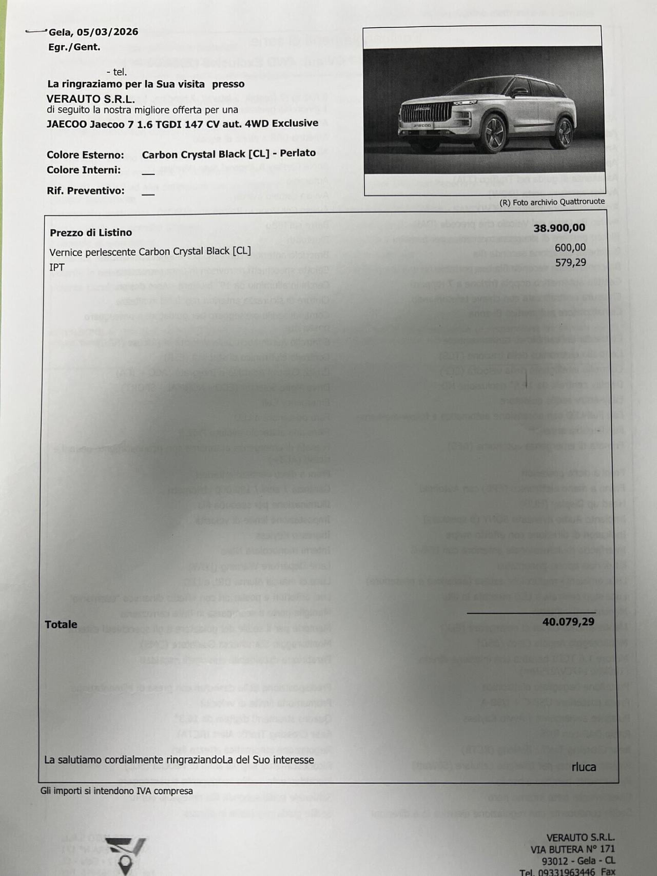 Jaecoo 7 1.6 TGDI 147 CV 4WD Exclusive possibilità noleggio no scoring