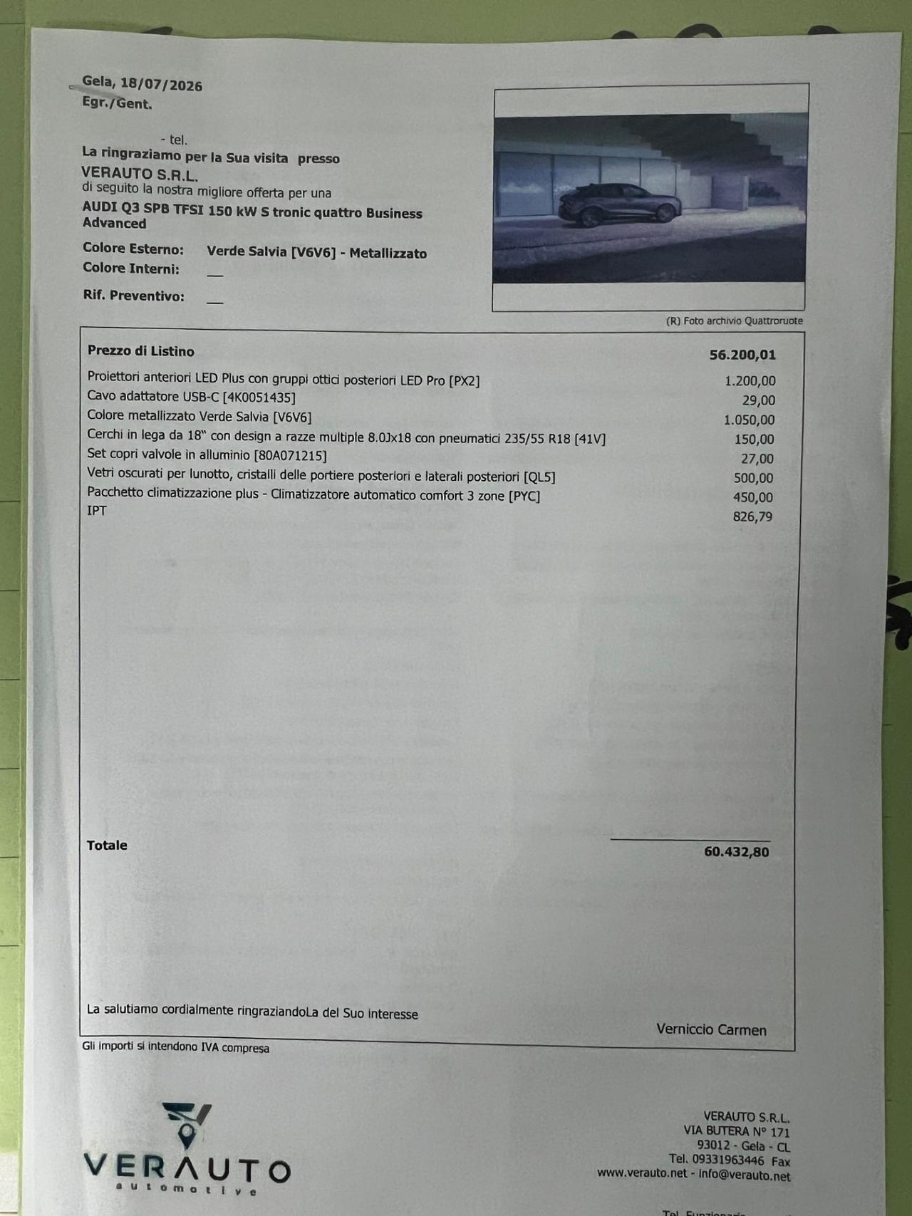 Audi Q3 SPB TFSI 204CV S tronic quattro Business Advanced - possibilità noleggio no scoring