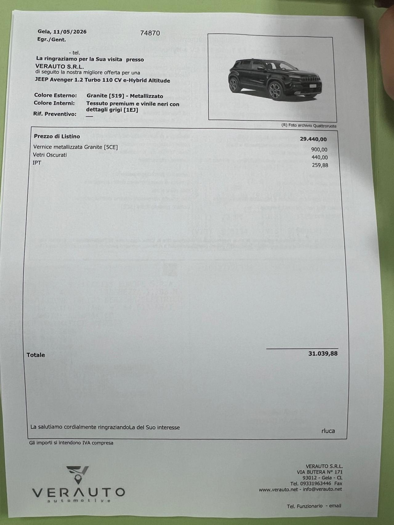 Jeep Avenger 1.2 Turbo 110 CV MHEV Altitude - possibilità noleggio no scoring