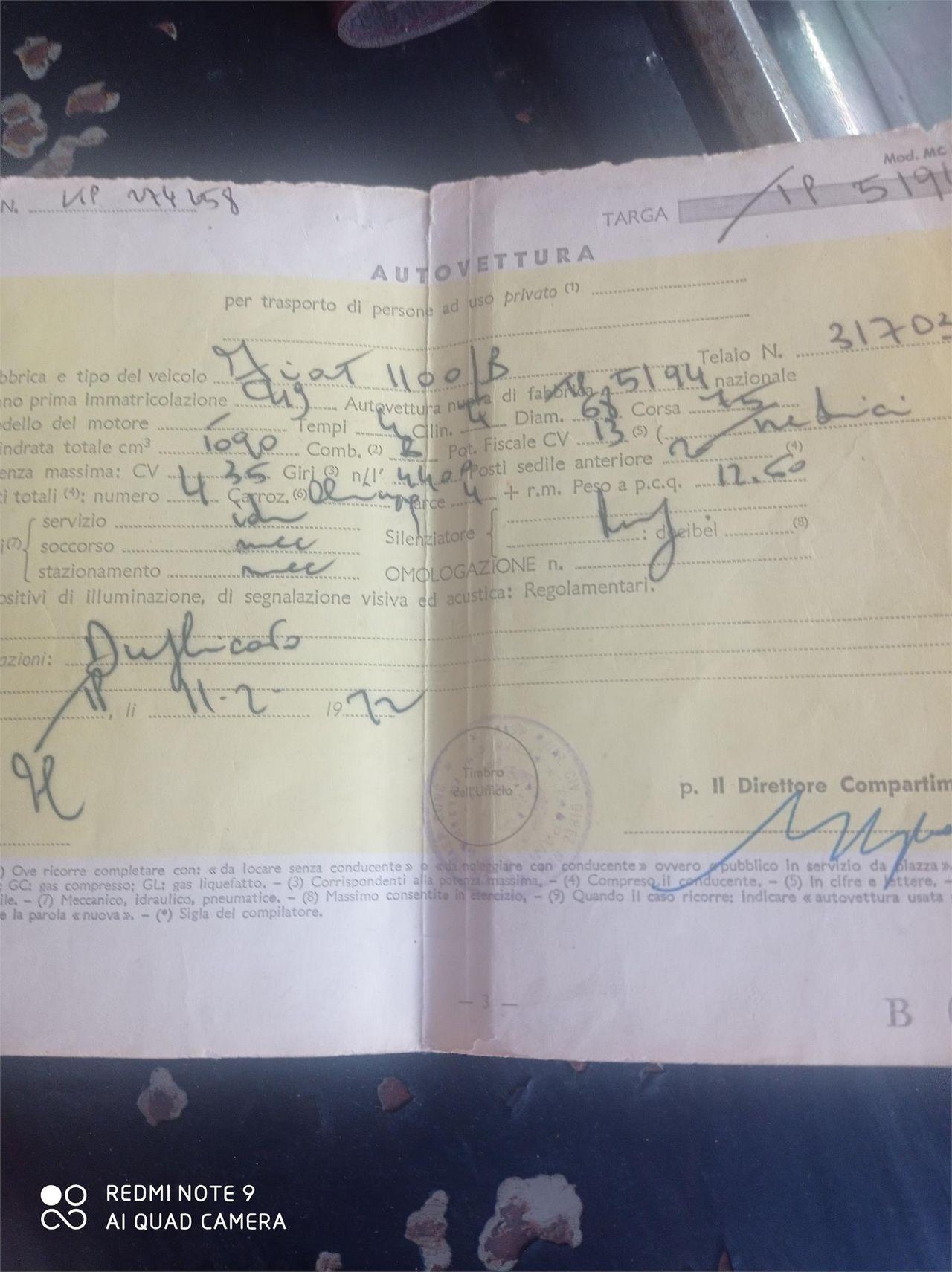 FIAT 1100 "B" -DA RESTAURARE INTERAMENTE--OTTIMA BASE -COMPLETA DI DOCUMENTI E TARGHE ORIGINALI