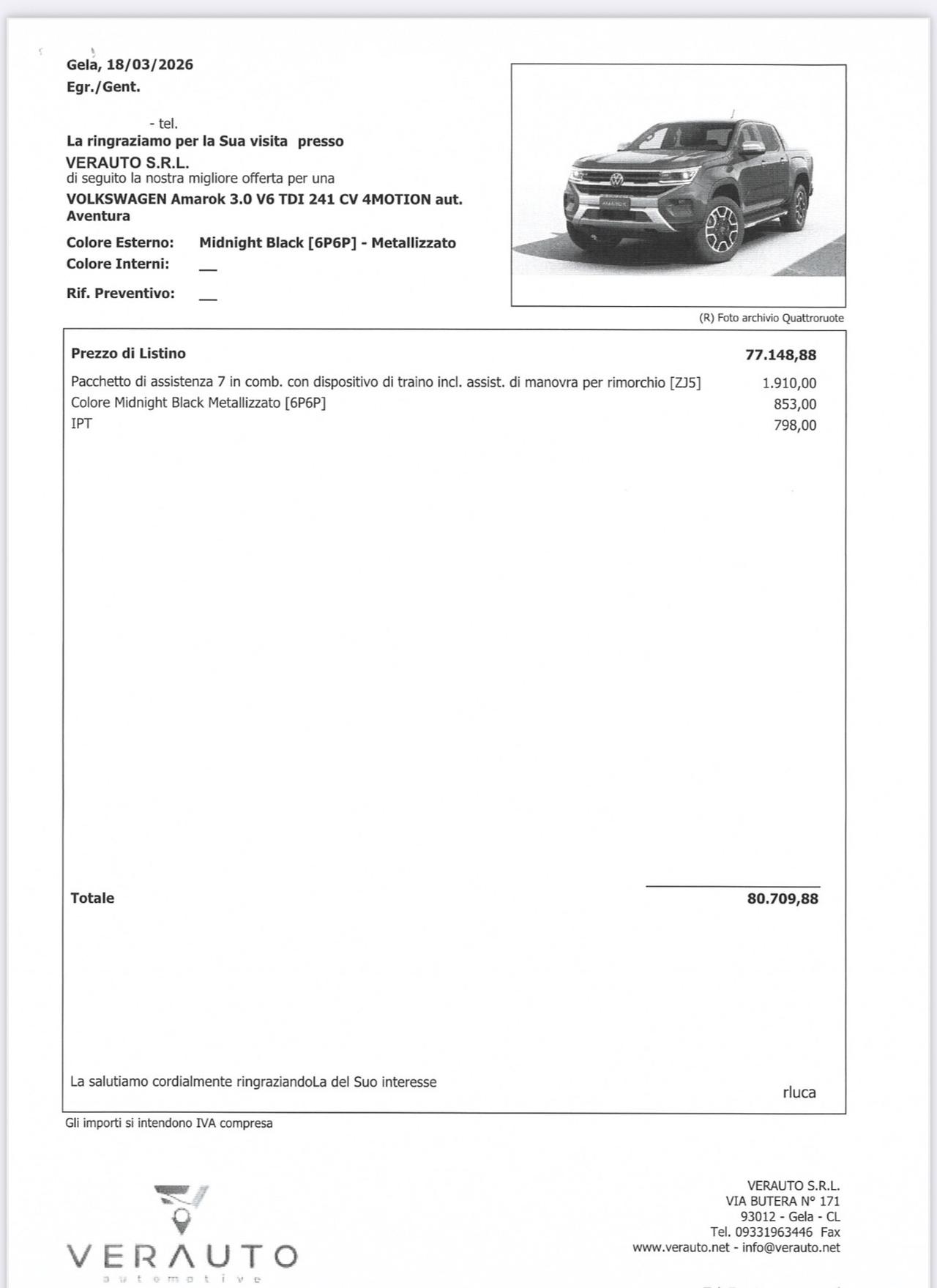 Volkswagen Amarok 3.0 V6 TDI 241 CV 4MOTION aut. Aventura Possibilità noleggio no scoring