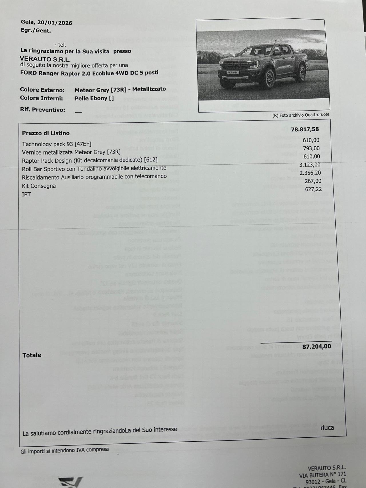 Ford Ranger Raptor 2.0 Ecoblue 4WD DC 5 posti possibilità noleggio no scoring