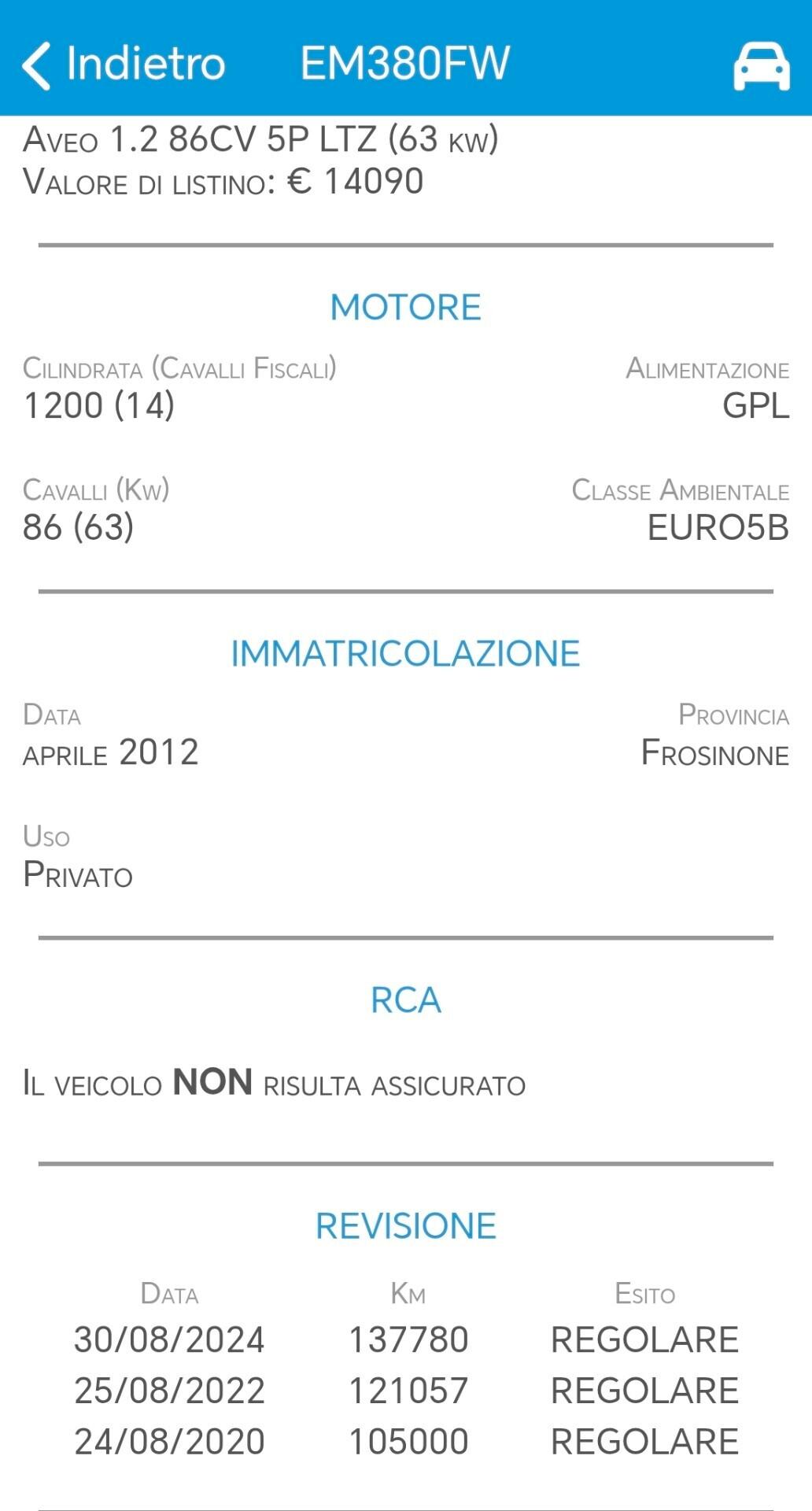 Chevrolet Aveo 1.2 86CV GPL 5 porte LT UNIPROPRIETARIO Neopatentati