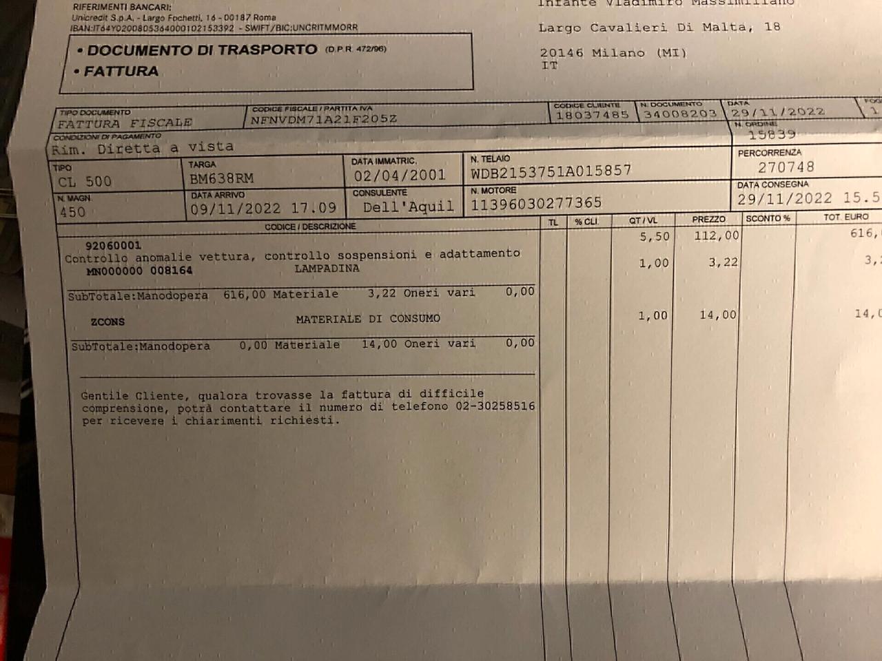 Mercedes-benz CL 500 cat fatture tagliandi mercedes