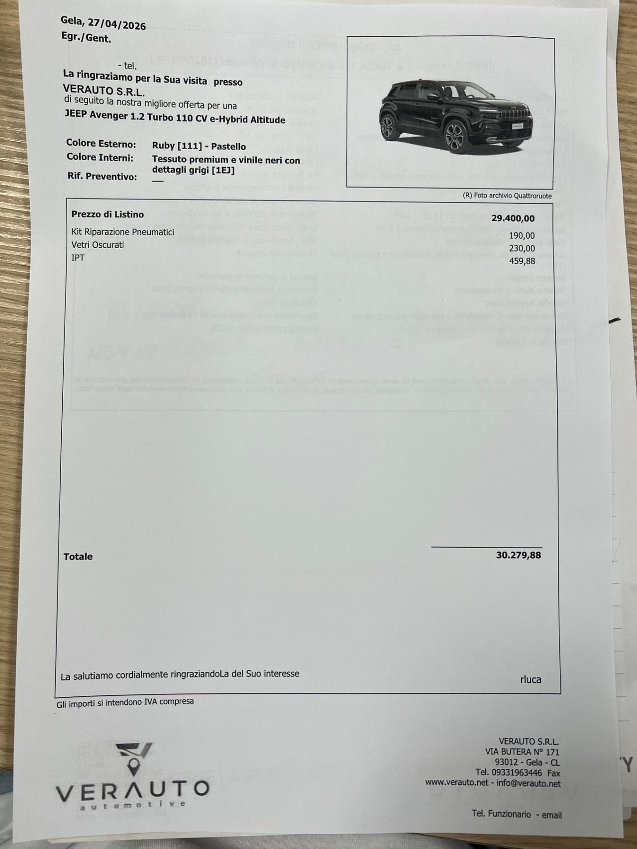 Jeep Avenger 1.2 Turbo 110 CV MHEV Altitude possibilità noleggio no scoring