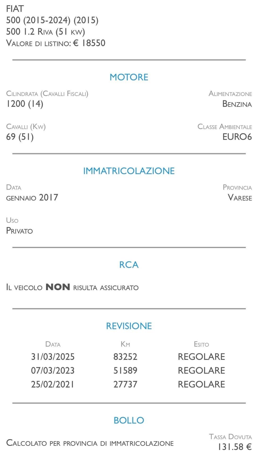 Fiat 500 1.2 Riva - UNICO PROPRIETARIO
