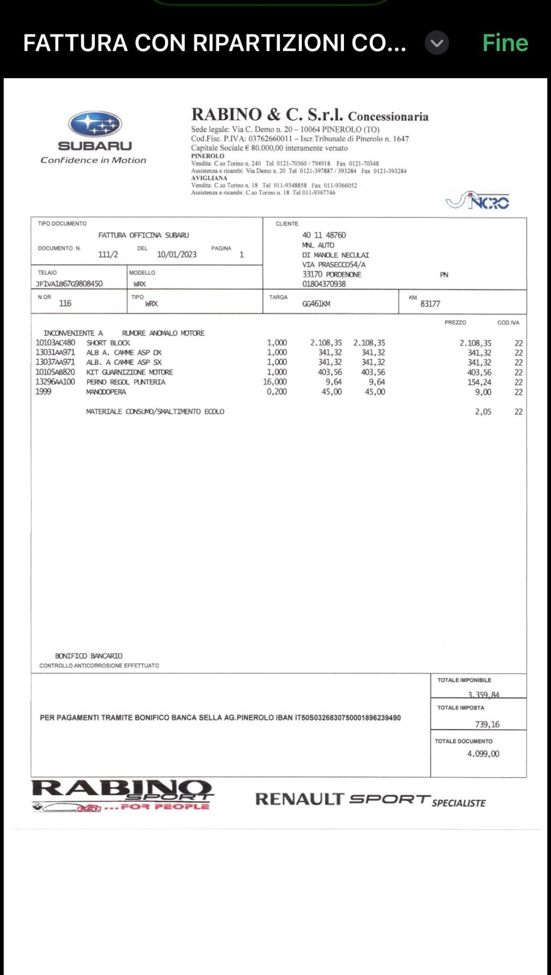 Subaru WRX 2.0 Motore sostituito
