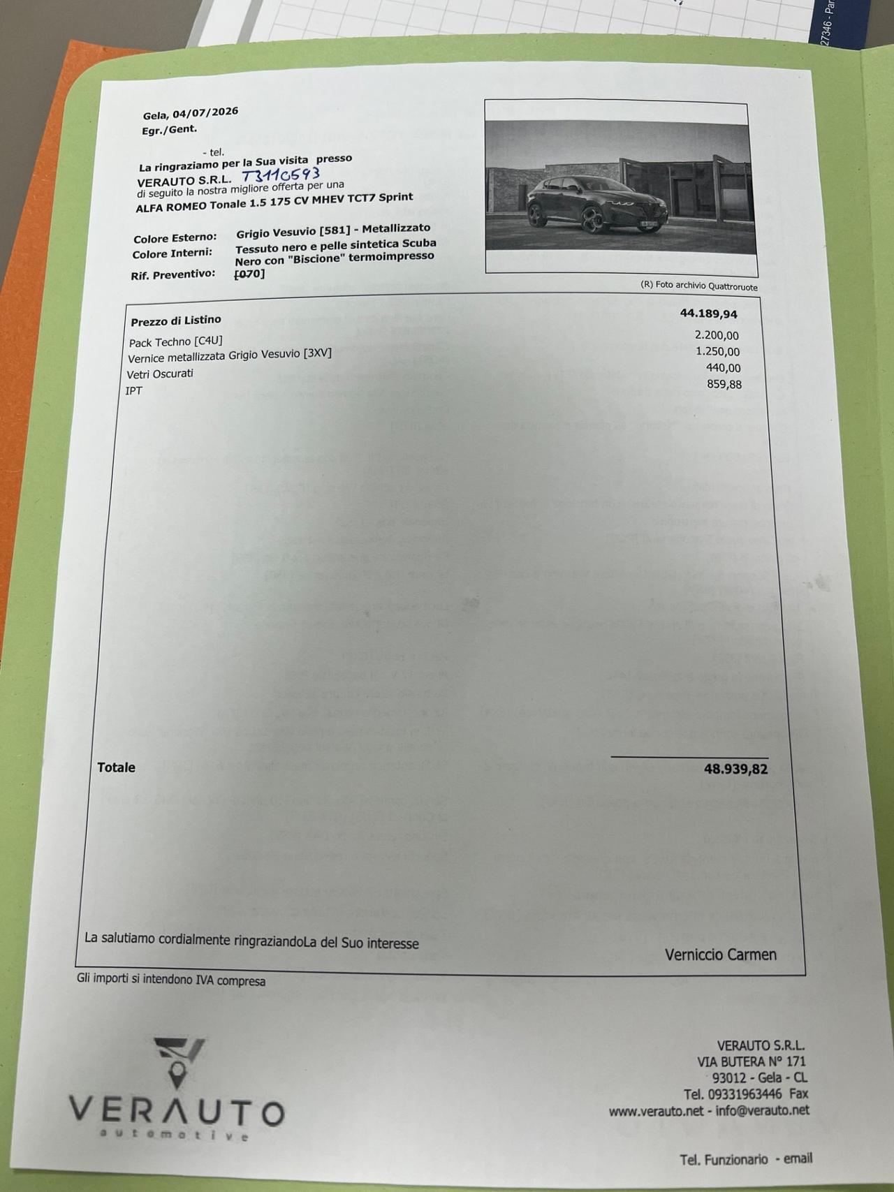 Alfa Romeo Tonale 1.5 175 CV MHEV TCT7 Sprint - possibilità noleggio no scoring