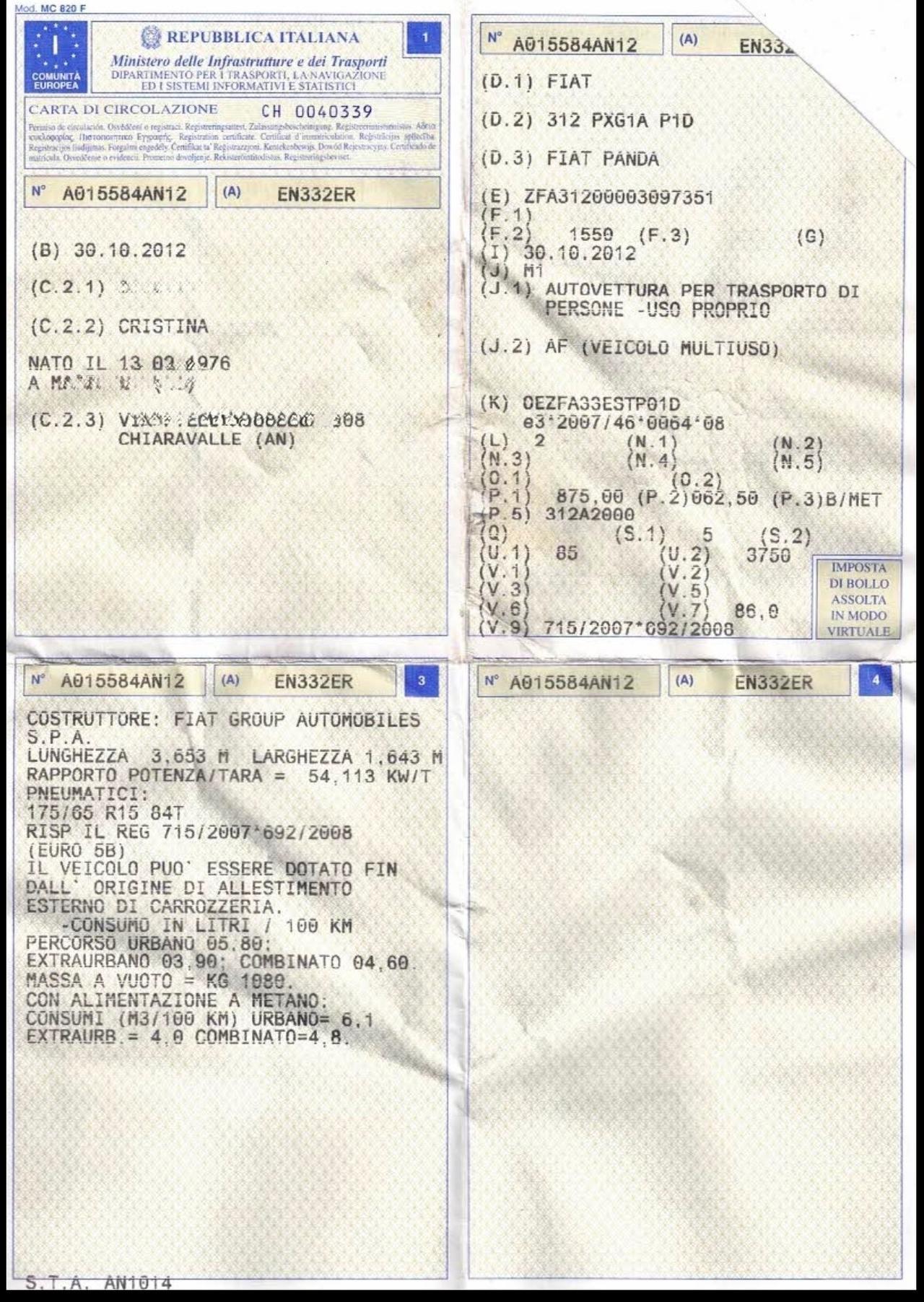 Fiat Panda natural power benzina metano NEOPATENTATi