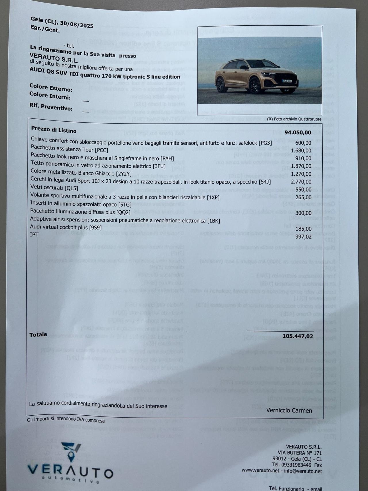 Audi Q8 tdi Sline 231cv possibilità noleggio no scoring