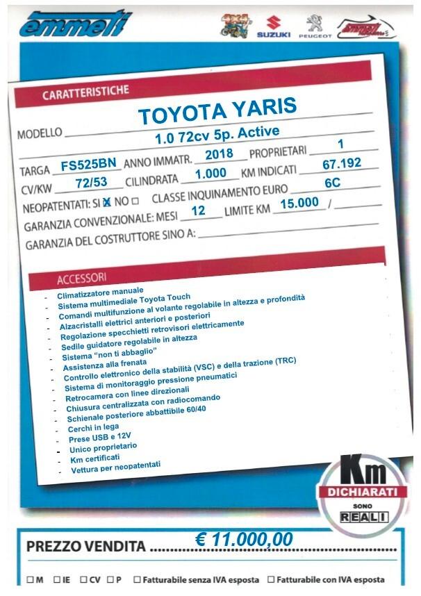 Toyota Yaris 1.0 72cv 5p. Active