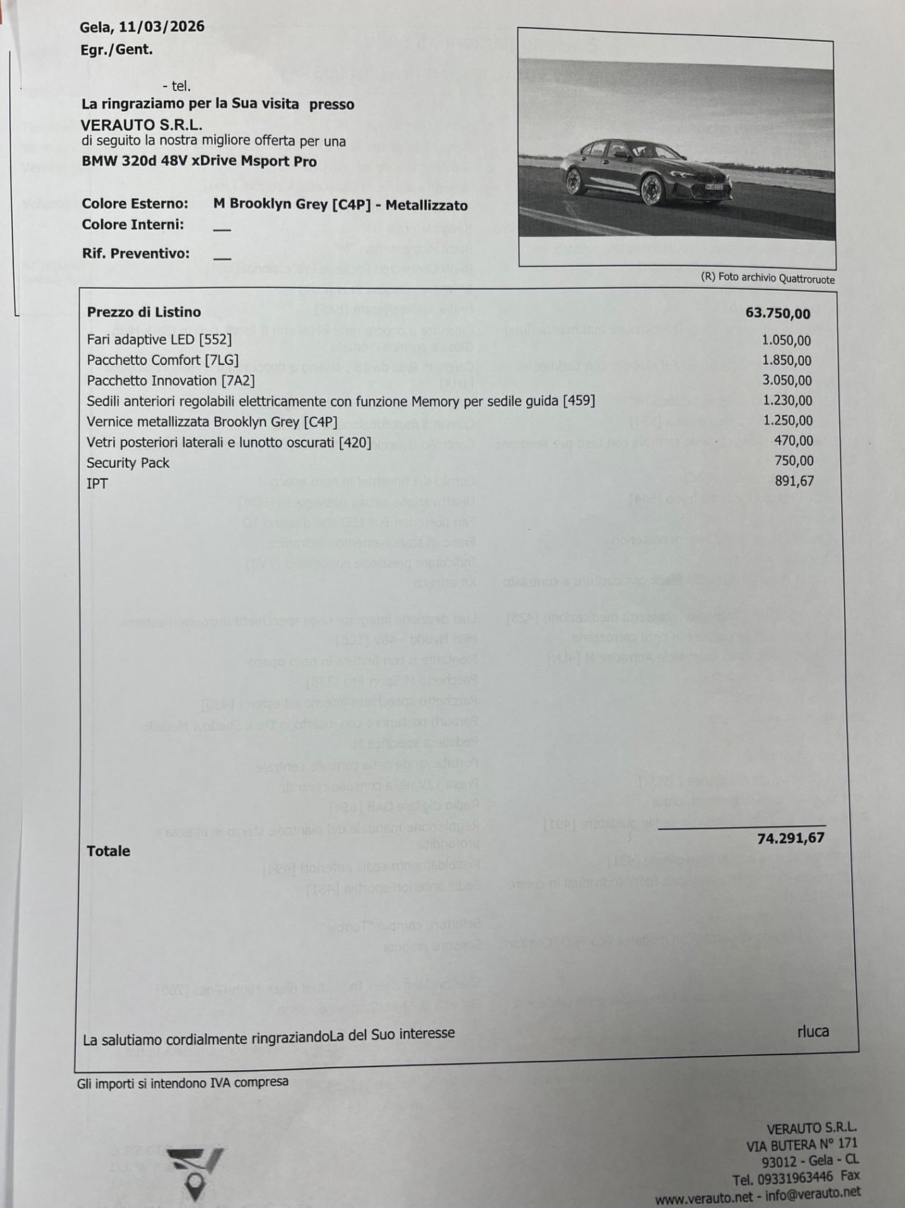 Bmw 320d 48V xDrive Msport Pro possibilità noleggio no scoring