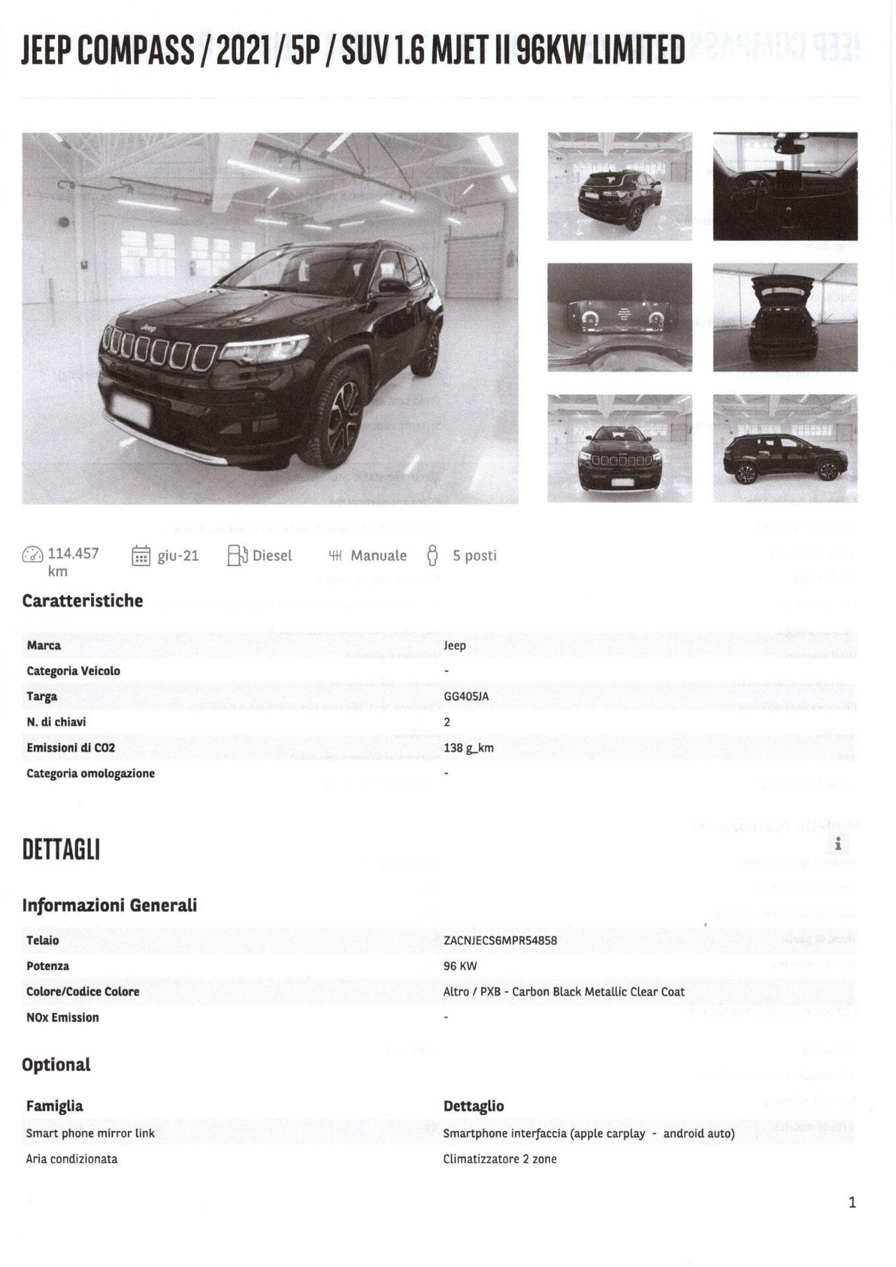 JEEP COMPASS 1.6 Mjt II 2WD LIMITED - Giugno 2021