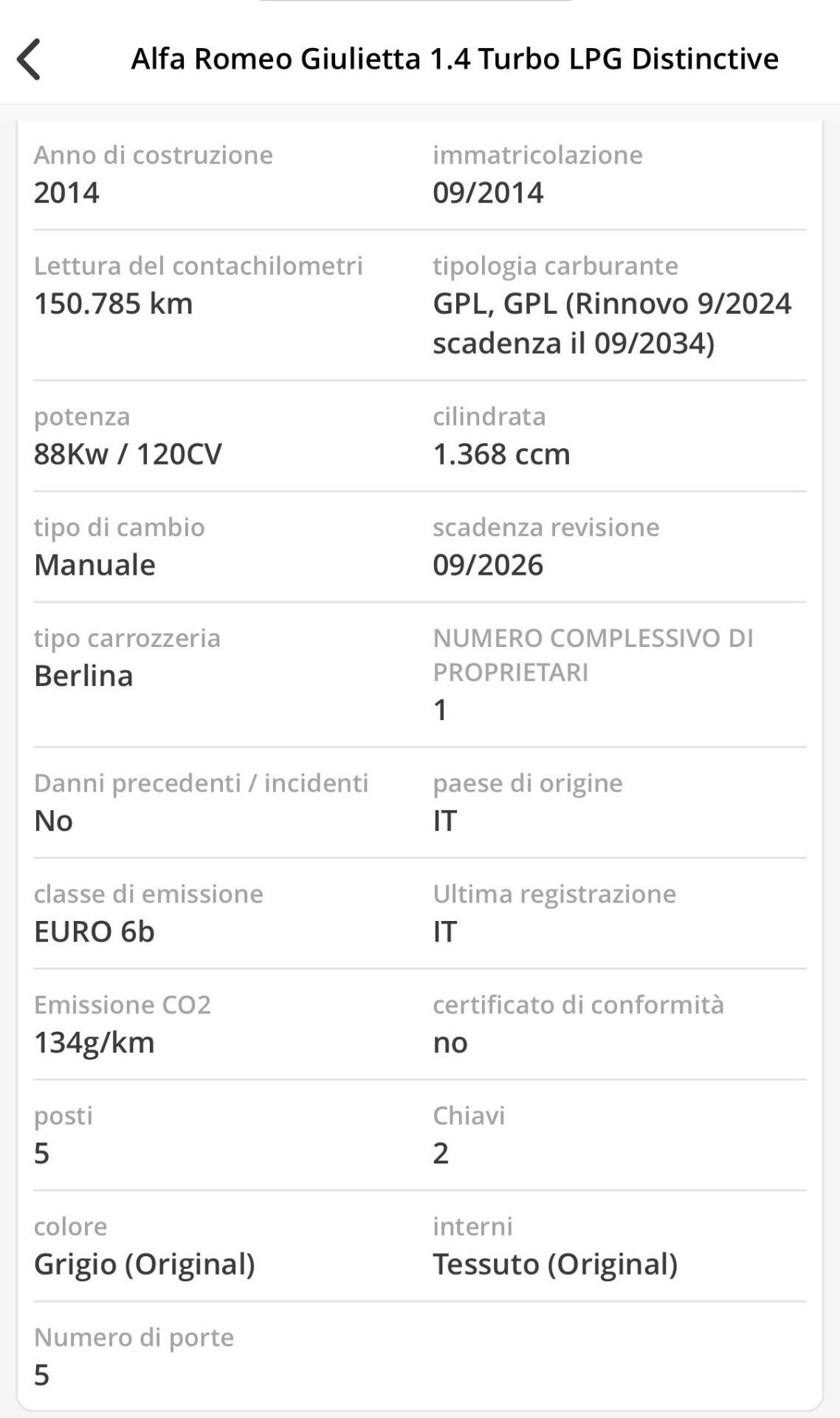 Alfa Romeo Giulietta 1.4 Turbo 120 CV GPL Distinctive UNICO