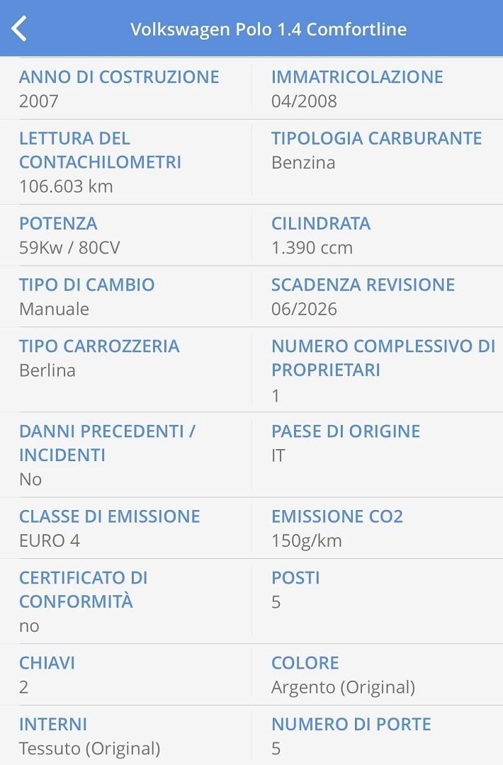 VOLKSWAGEN POLO 1.4 BENZINA 80 CV UNICO 106 MILA