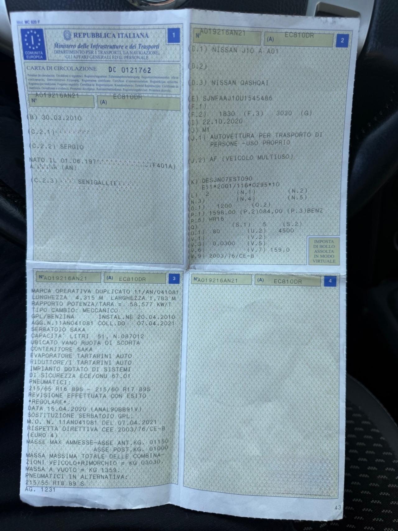 Nissan Quashqai 1.6 Benzina GPL fino 2031 Neopatentati okay