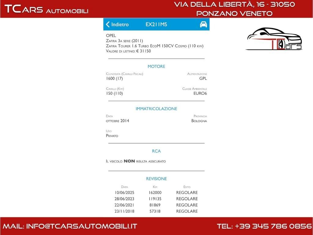 OPEL ZAFIRA 1.6 METANO - 7 POSTI - EURO 6