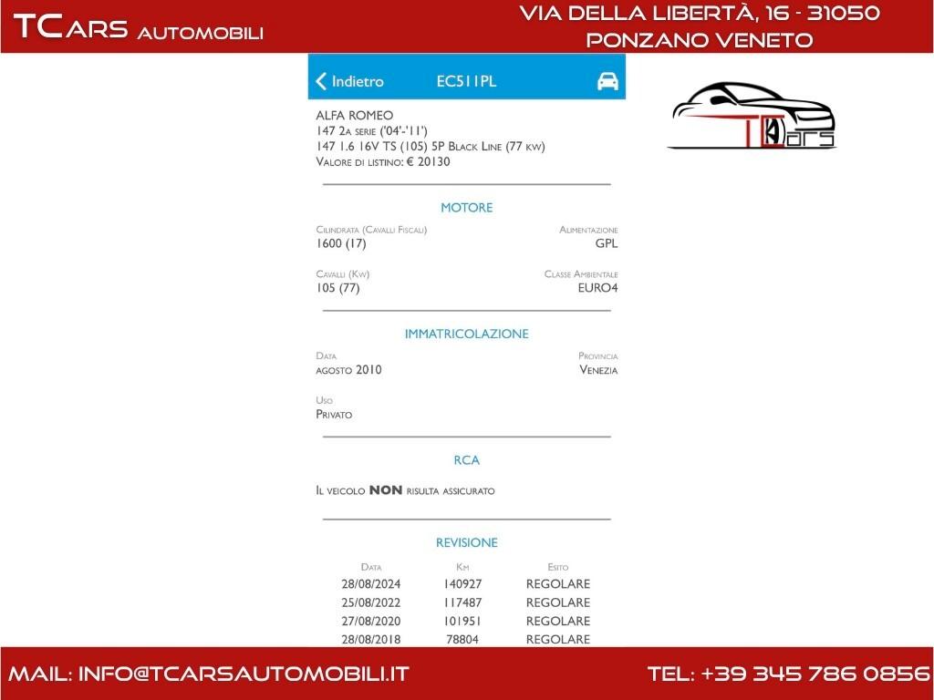 ALFA ROMEO 147 1.6 GPL FINO 2034 - GARANZIA 3 ANNI