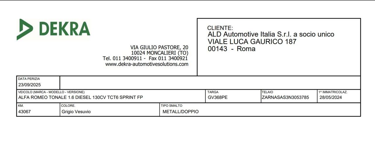 Alfa Romeo Tonale 1.6 DIESEL 130CV TCT6 SPRINT ( FARI LED - PDC COCKPIT NAVI MIRROR )