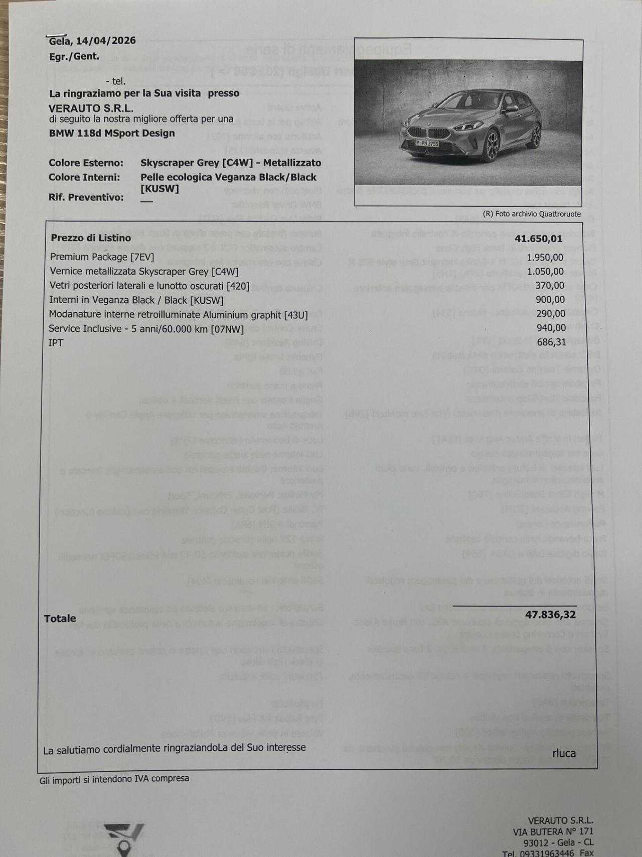 Bmw 118d MSport Design possibilità noleggio no scoring