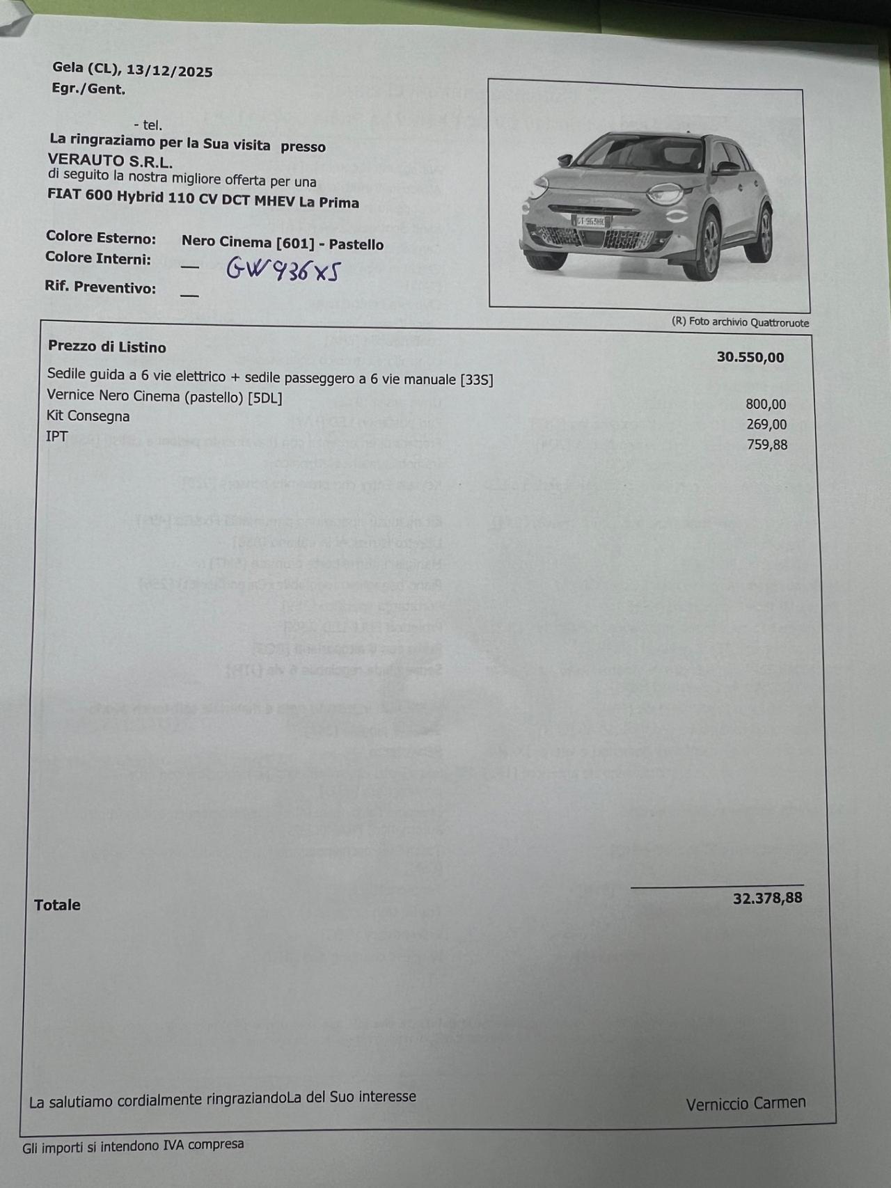 Fiat 600 La Prima 110cv possibilità noleggio no scoring