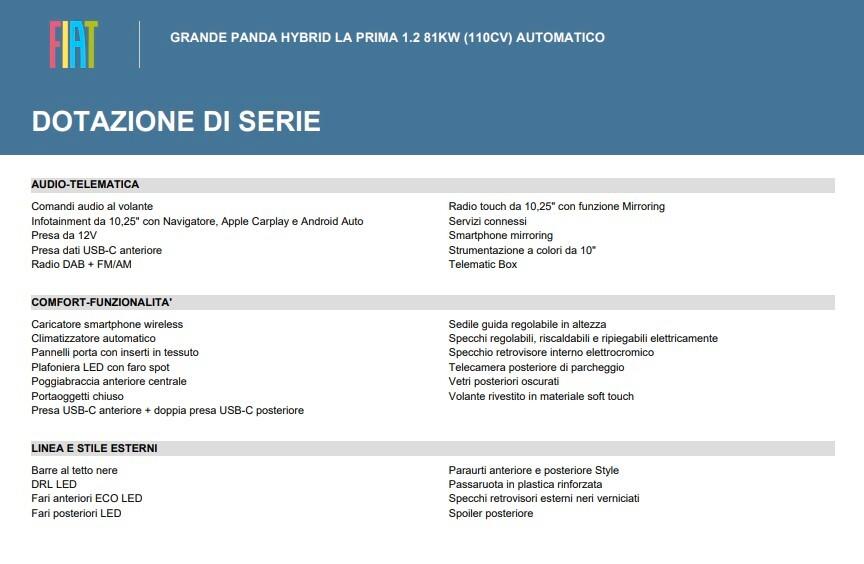 Fiat Grande Panda 1.2 Hybrid 110 CV S&S La Prima, Winter pack, Km0