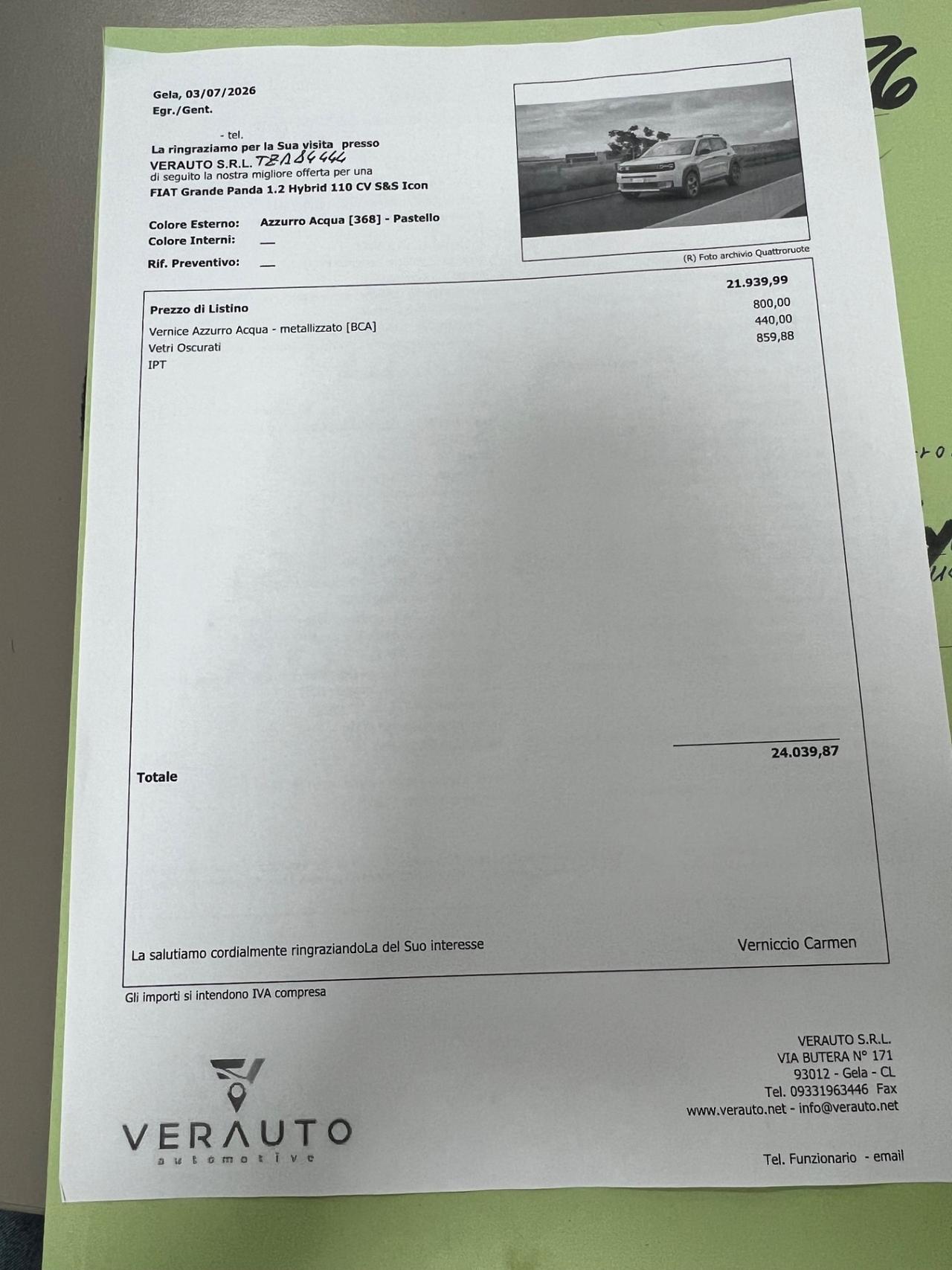 Fiat Grande Panda 1.2 Hybrid 110 CV S&S Icon - possibilità noleggio no scoring