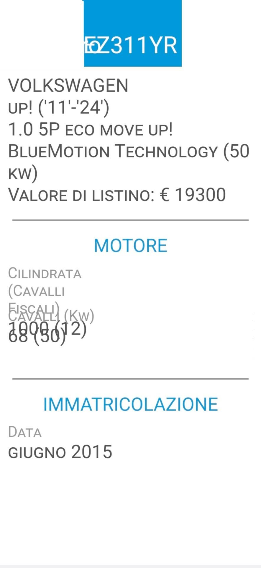 VOLKSWAGEN UP! ECO METANO-3 EURO X 100 KM-BOLLO 35