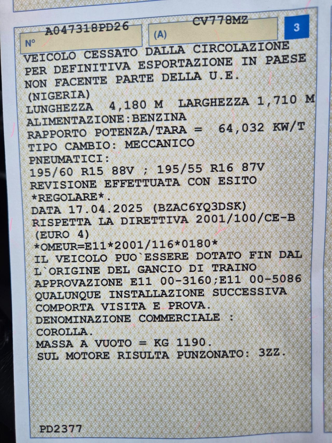 Toyota Corolla 1.6 16V 5 porte radiazione per Africa