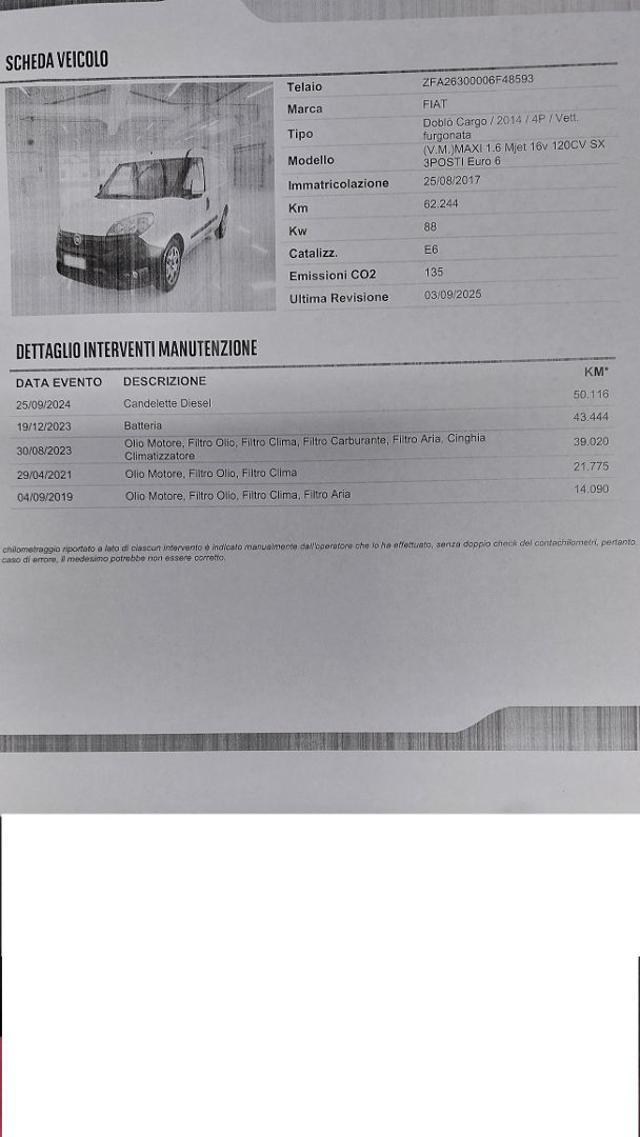 FIAT Doblo Doblò 1.6 MJT 120CV Cargo Maxi E6B 60.000 Km 3P.