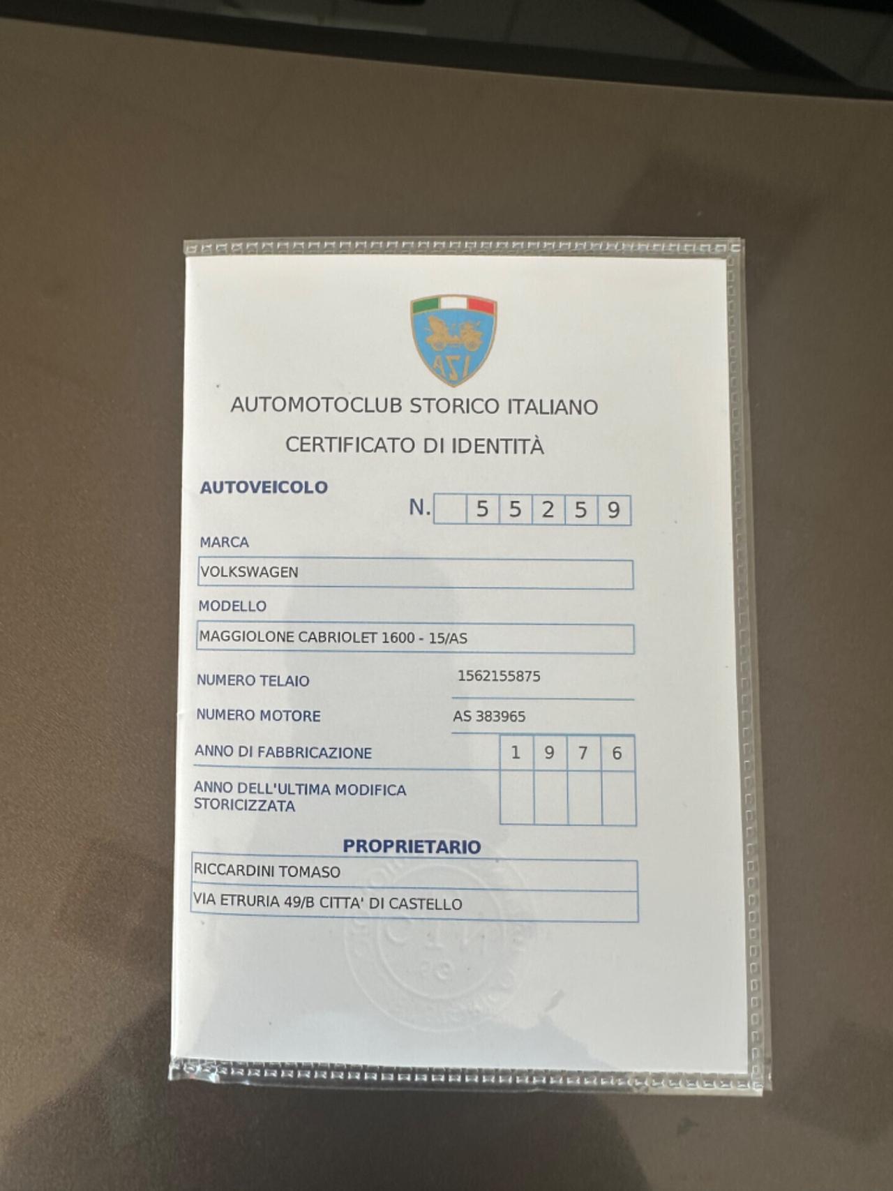 Volkswagen Maggiolino 1600 CABRIO KARMAN ASI ORO