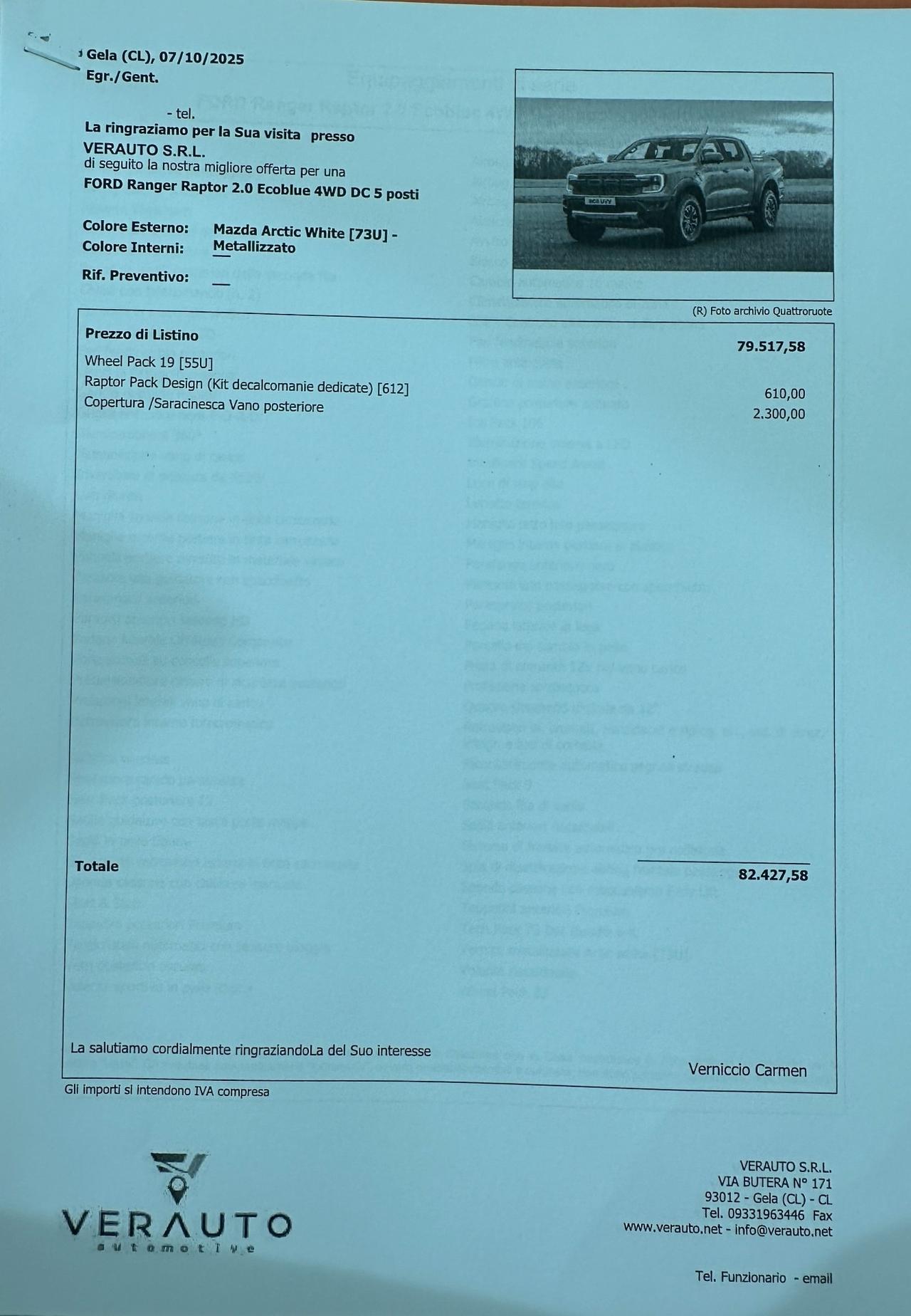 Ford Ranger Raptor 2.0 210cv auto possibilità noleggio no scoring