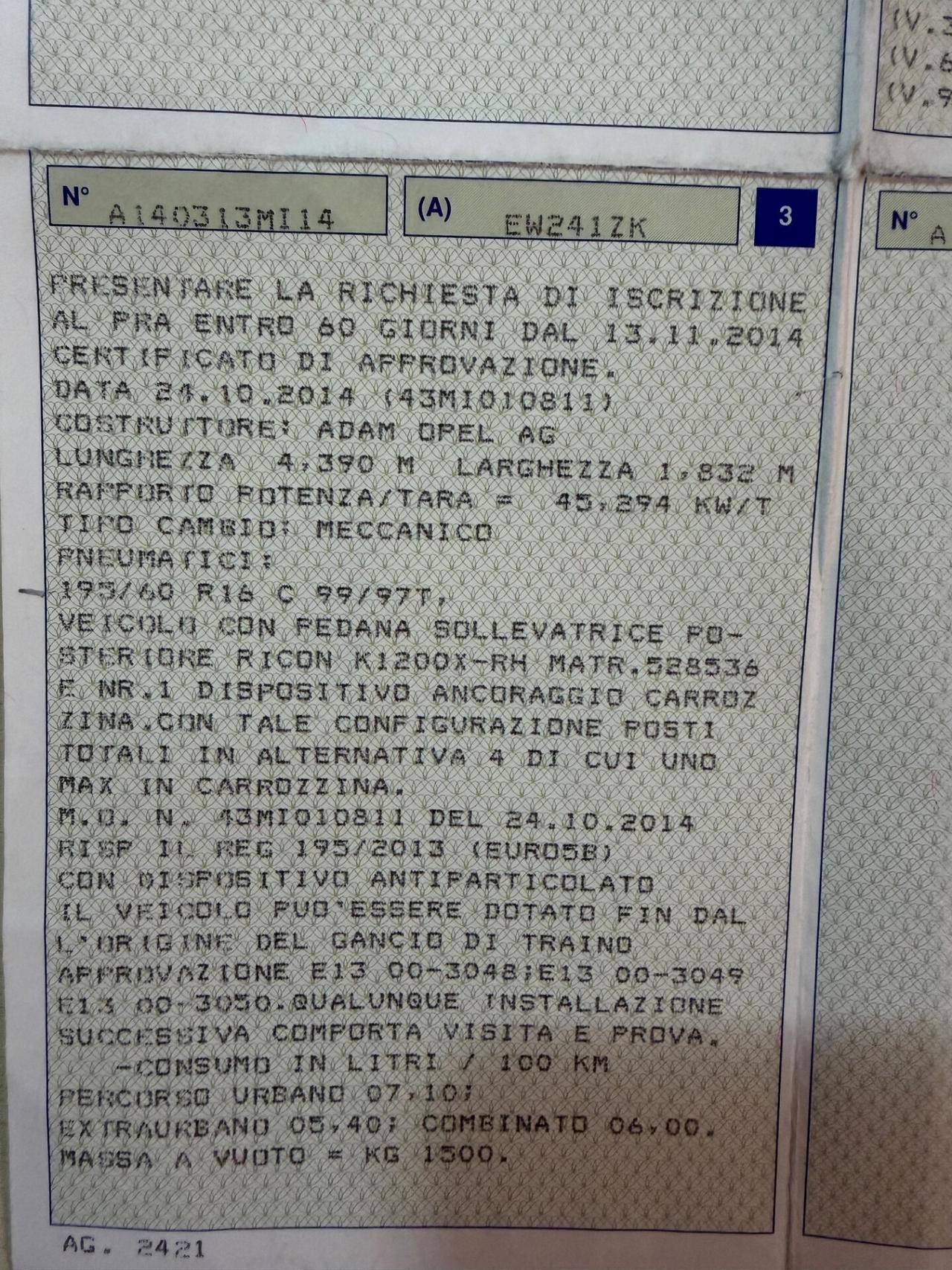 OPEL COMBO 1.6CDTI TETTO ALTO PEDANA OMOLOGATA DISABILI