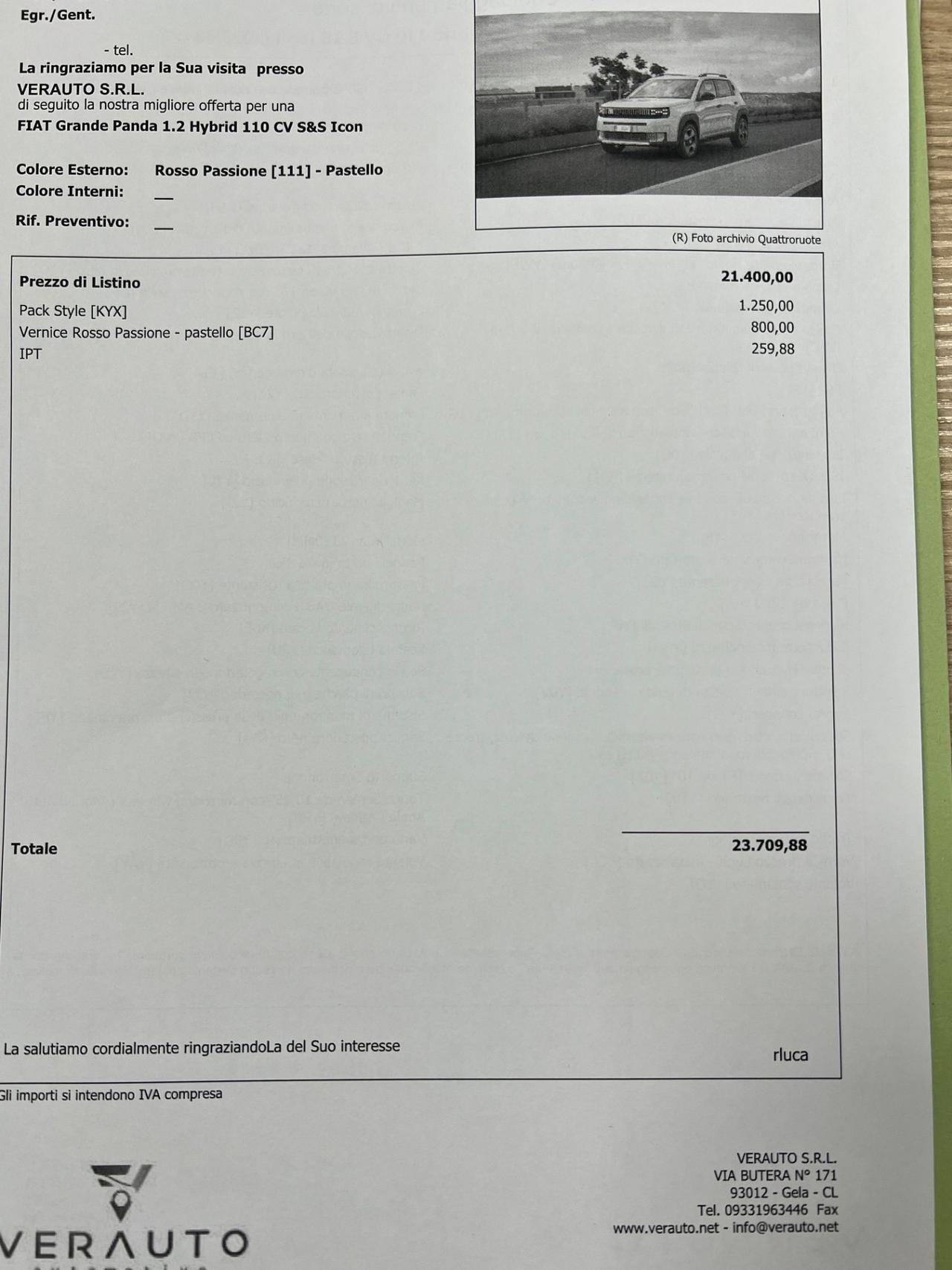 Fiat Grande Panda 1.2 Hybrid 110 CV S&S Icon possibilità noleggio no scoring