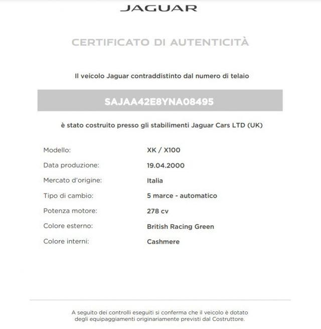 JAGUAR XK8 Convertible CERTIFICATO D'AUTENTICITA' JAGUAR