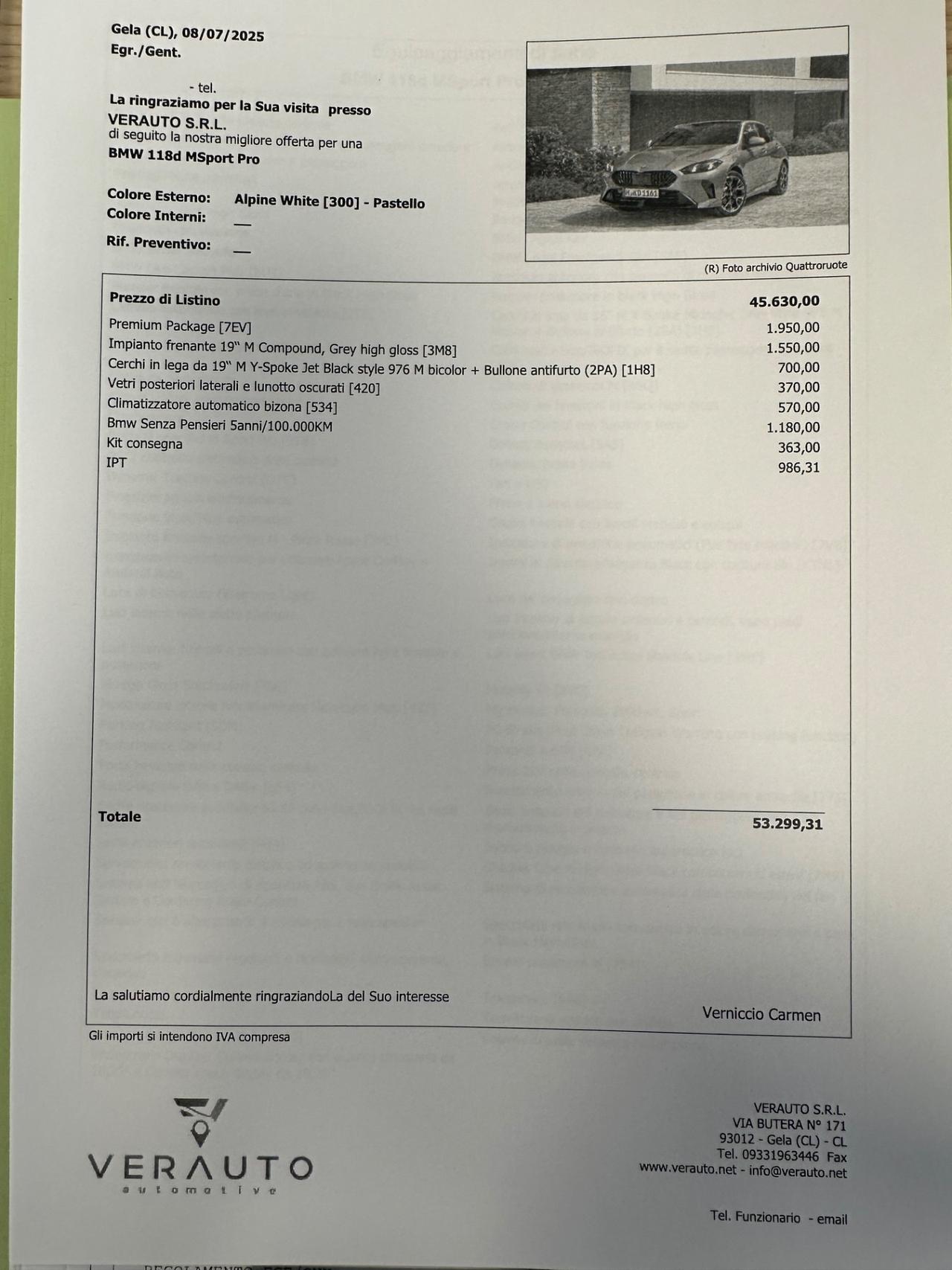 BMW 118 d MSport Pro possibilità noleggio no scoring