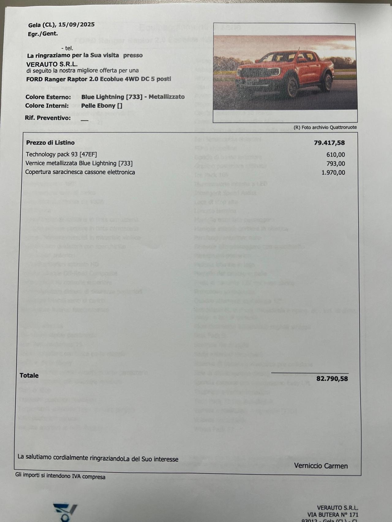 Ford Ranger Raptor 2.0 210cv auto possibilità noleggio no scoring