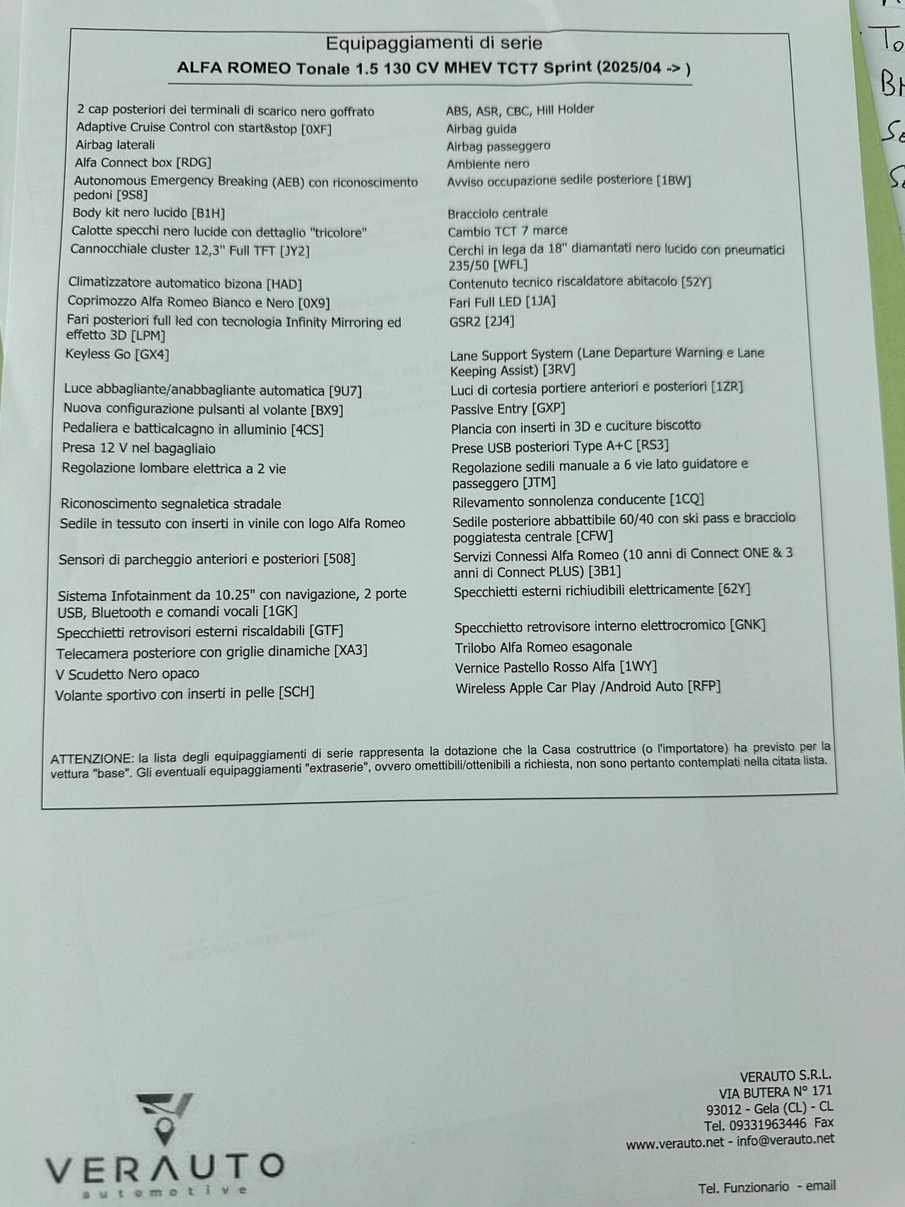 Alfa Romeo Tonale Sprint 130cv possibilità noleggio no scoring