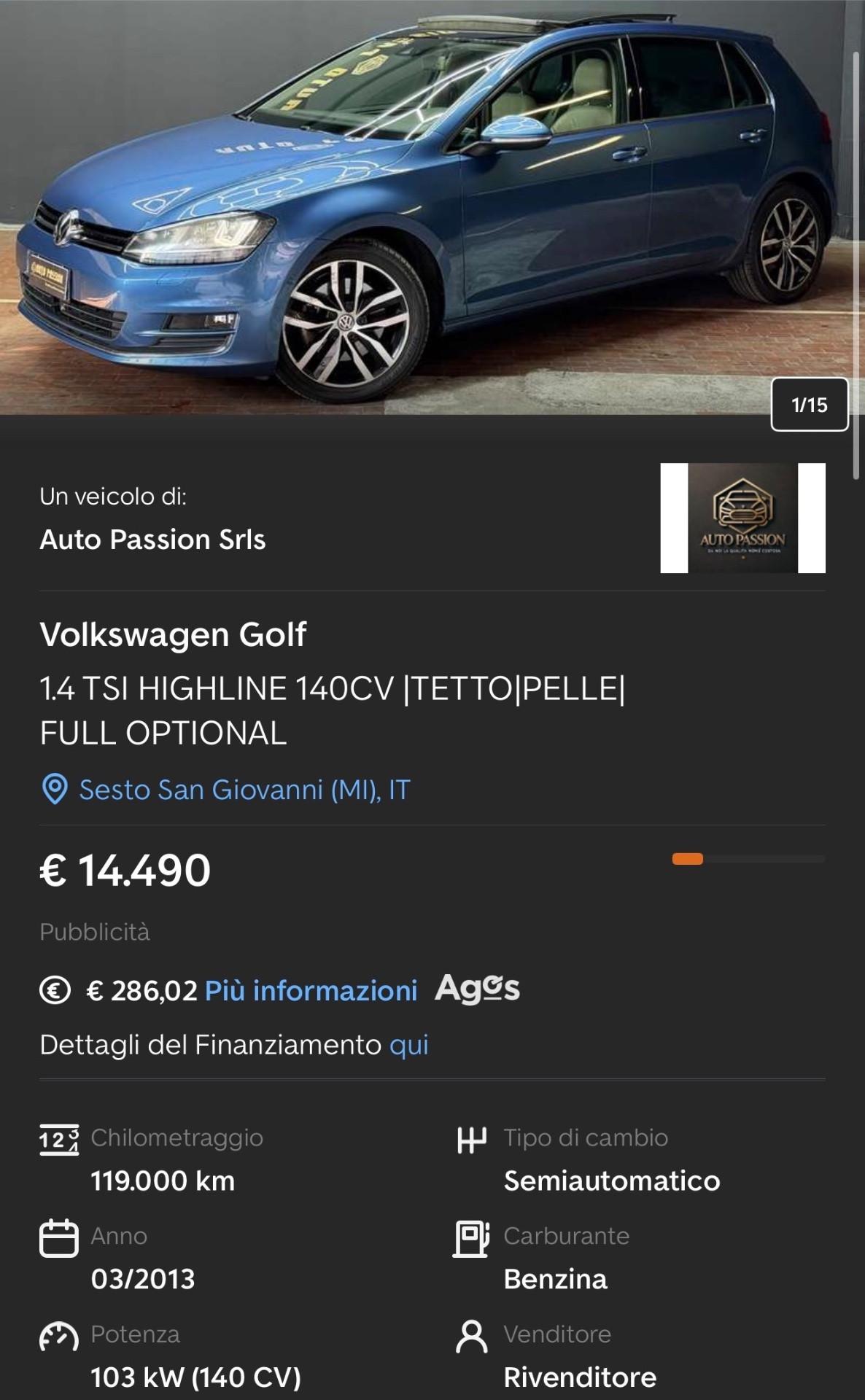 VOLKSWAGEN GOLF 7 5P 1.4 TSI HIGHLINE 140CV FULL OPTIONAL/TETTO/INTERNI IN PELLE/SEDILI RISCALDATI/