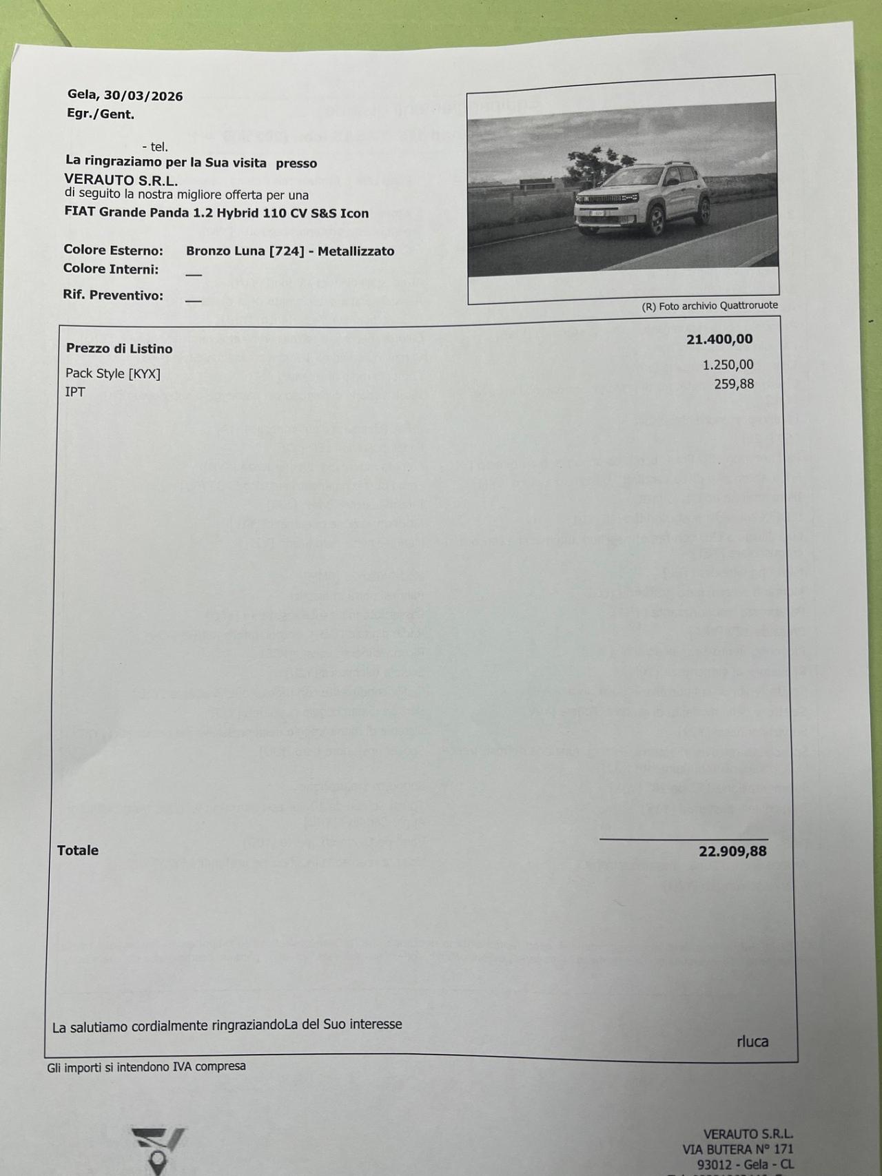 Fiat Grande Panda 1.2 Hybrid 110 CV S&S Icon possibilità noleggio no scoring