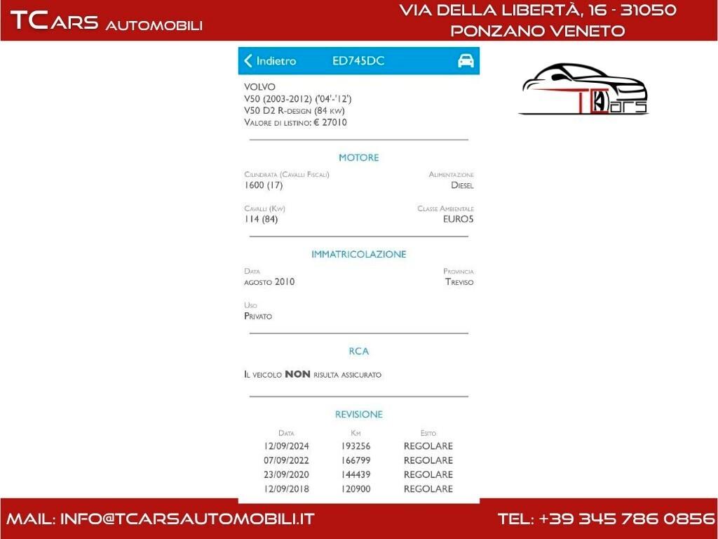 VOLVO V50 1.6 D2 DIESEL - GARANZIA 3 ANNI TOP