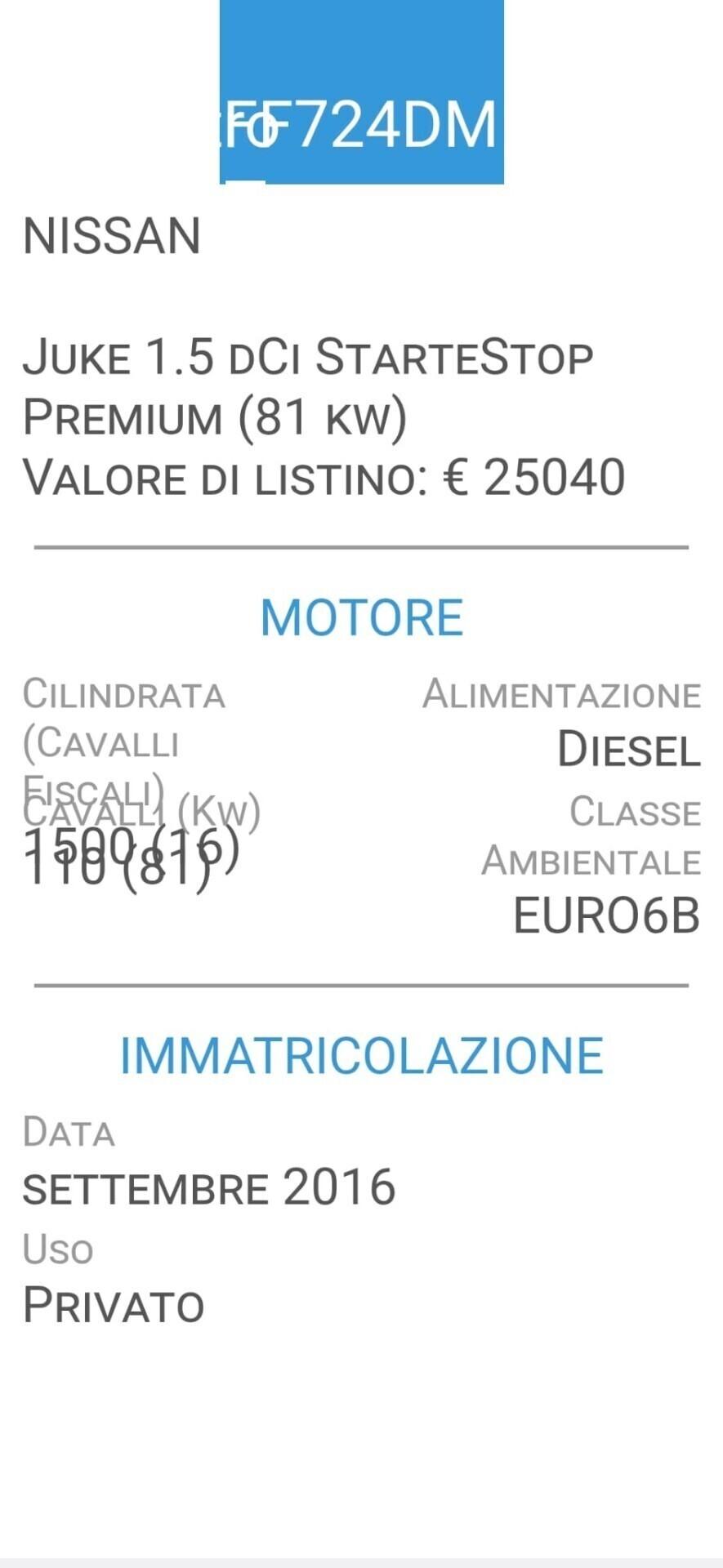 NISSAN JUKE-1,5 dCi-UNICO PROP-EURO 6B-3 REVISIONI