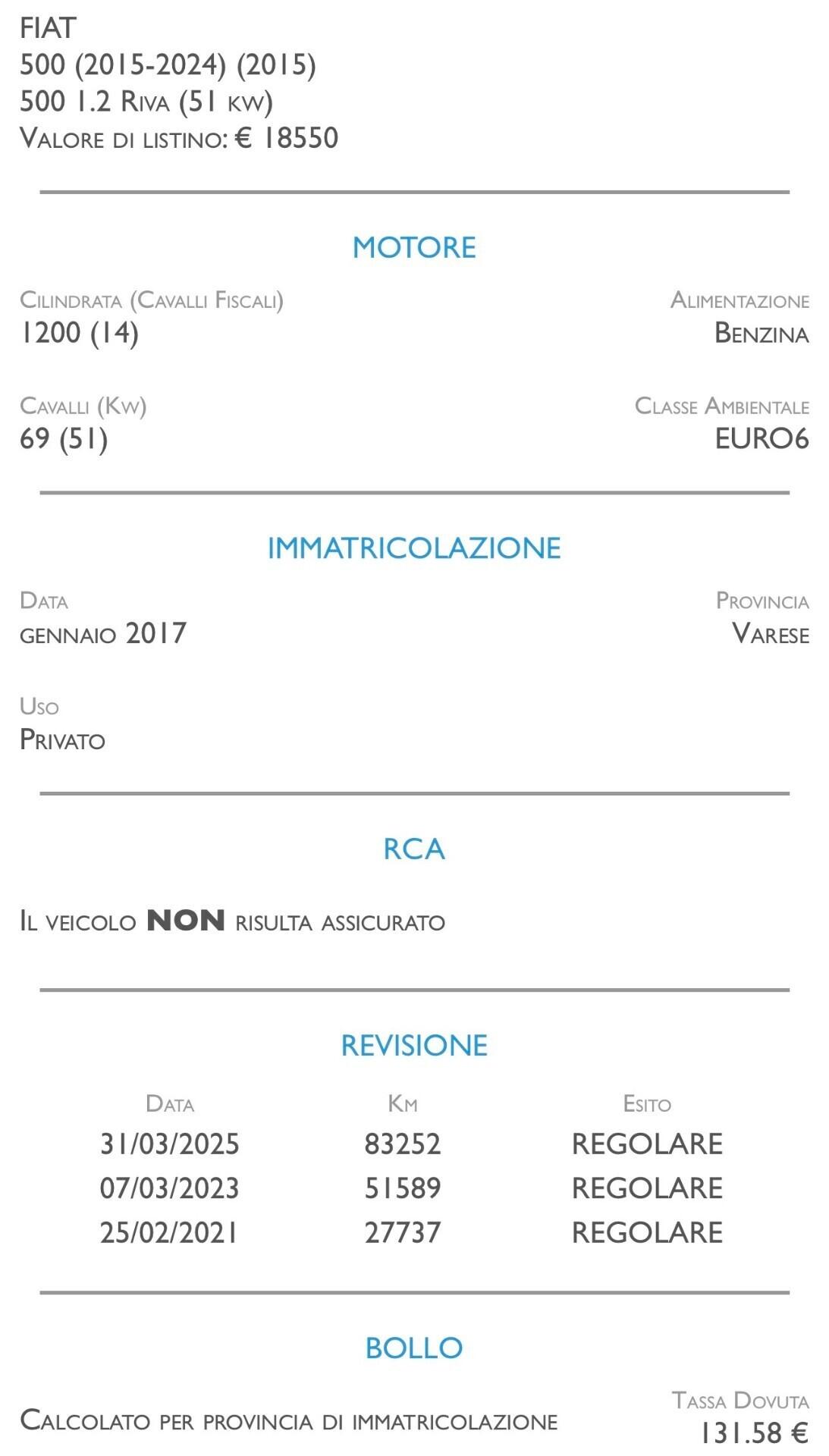 Fiat 500 1.2 Riva - UNICO PROPRIETARIO