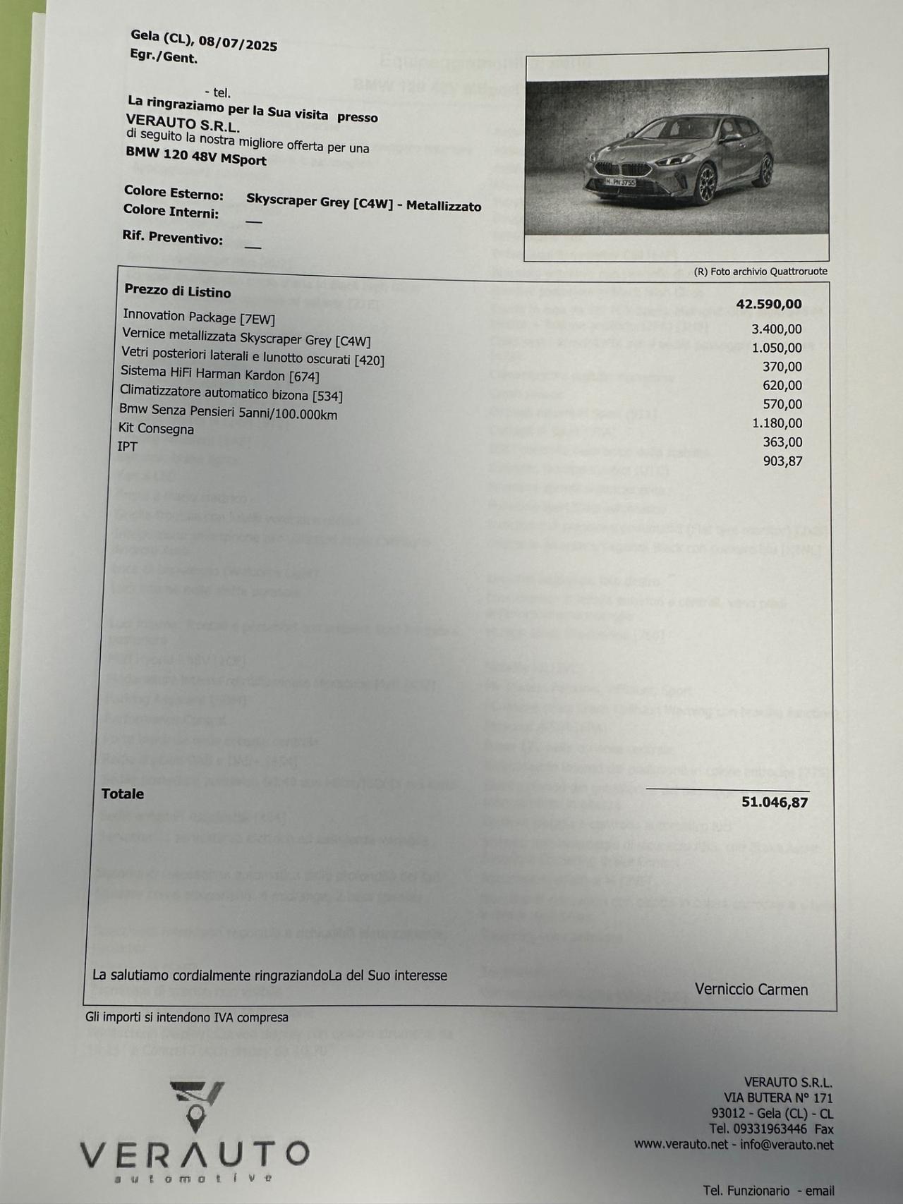 BMW 120 48V MSport auto possibilità noleggio no scoring