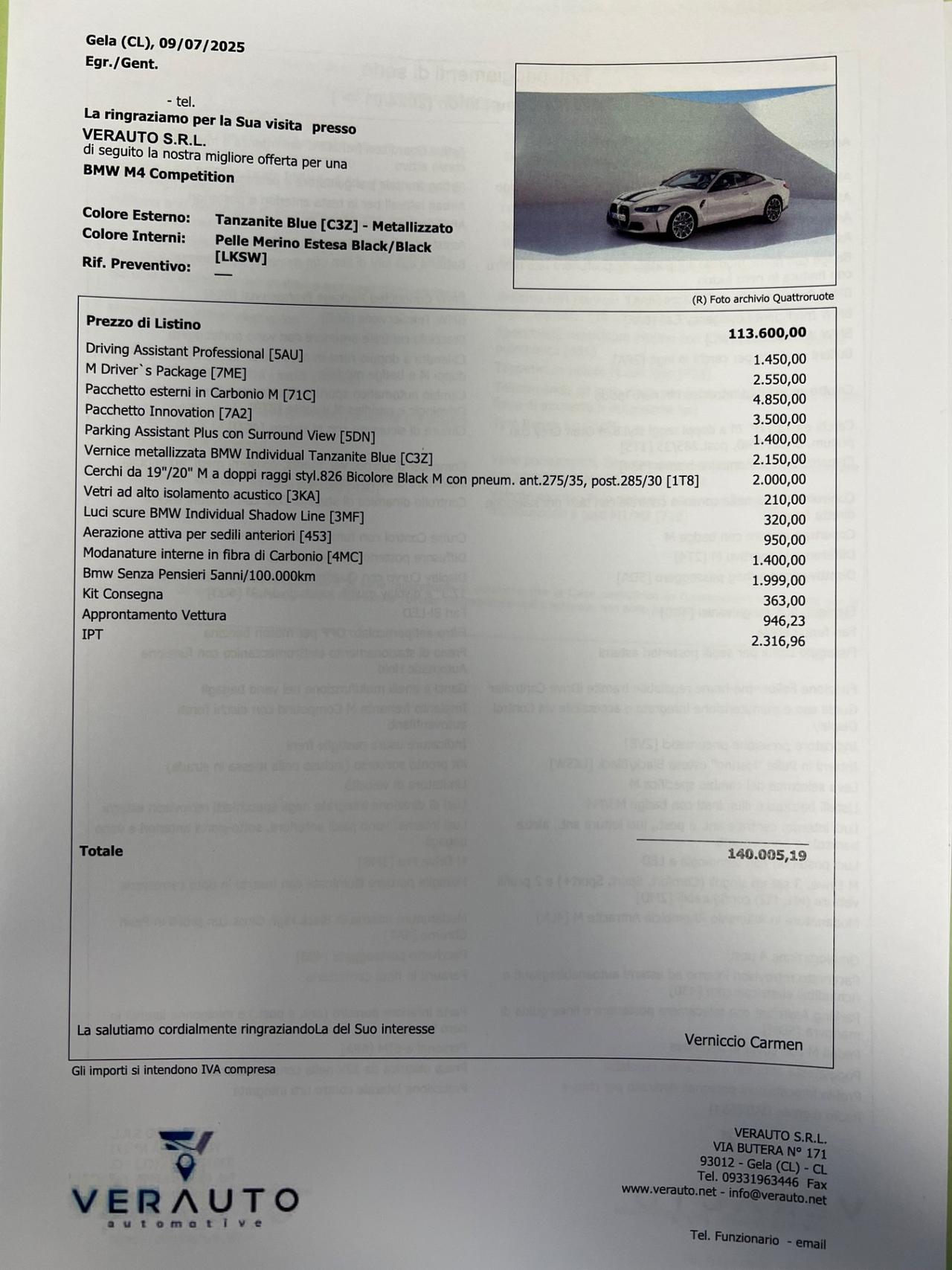BMW M4 Competition possibilità noleggio no scoring